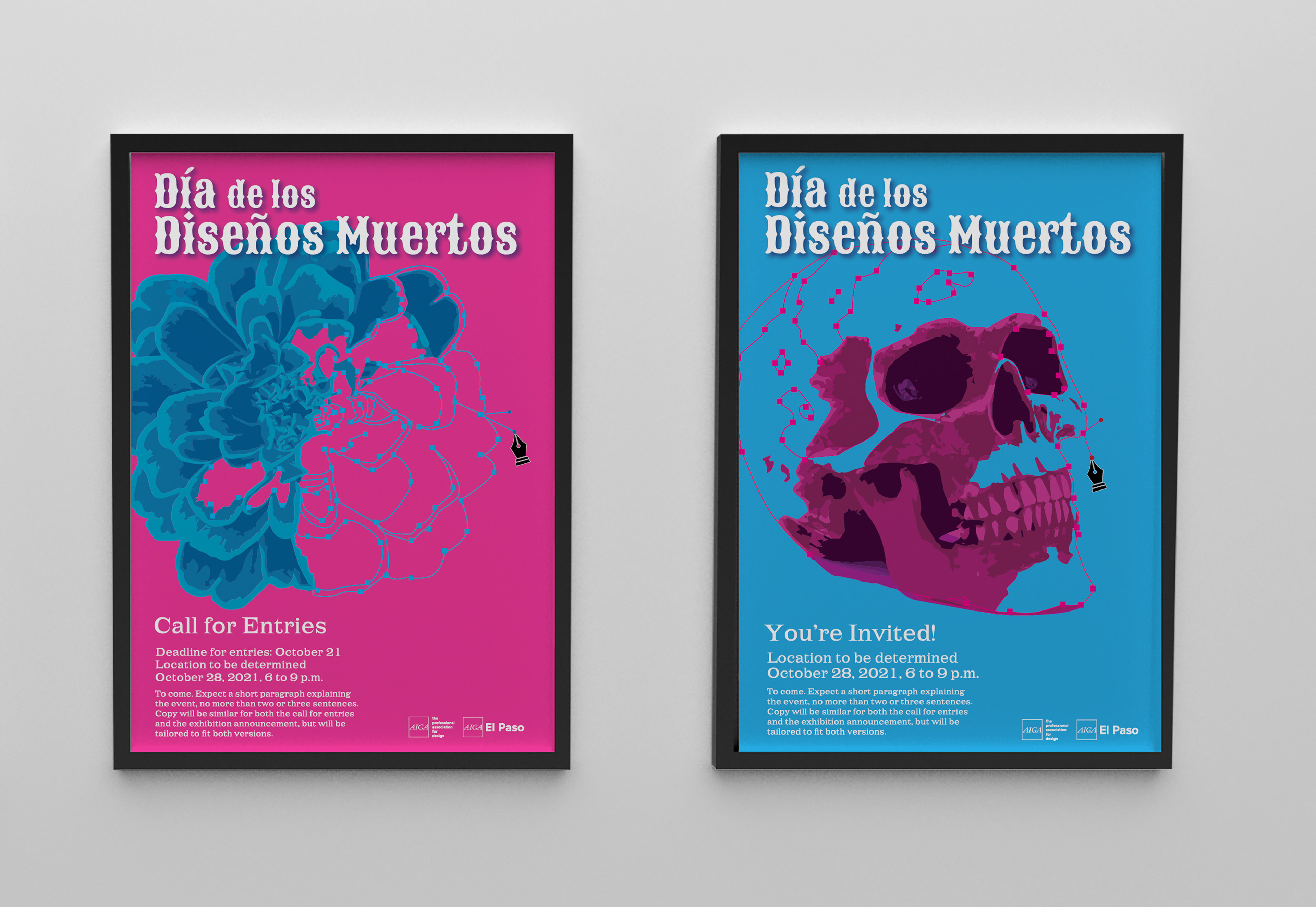 Two posters hanging on a white wall. On the left is a pink poster with a blue marigold flower digitized. On the right is a blue poster with a pink skull digitized. The title Día de Los Diseños Muertos is at the top for both.