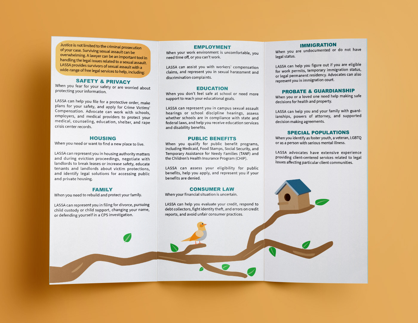 Inside layout of a three panel folder. More information about the service fills the three panels. On the bottom is a tree branch extends across all three panels with a bird and birdhouse perched upon it. 