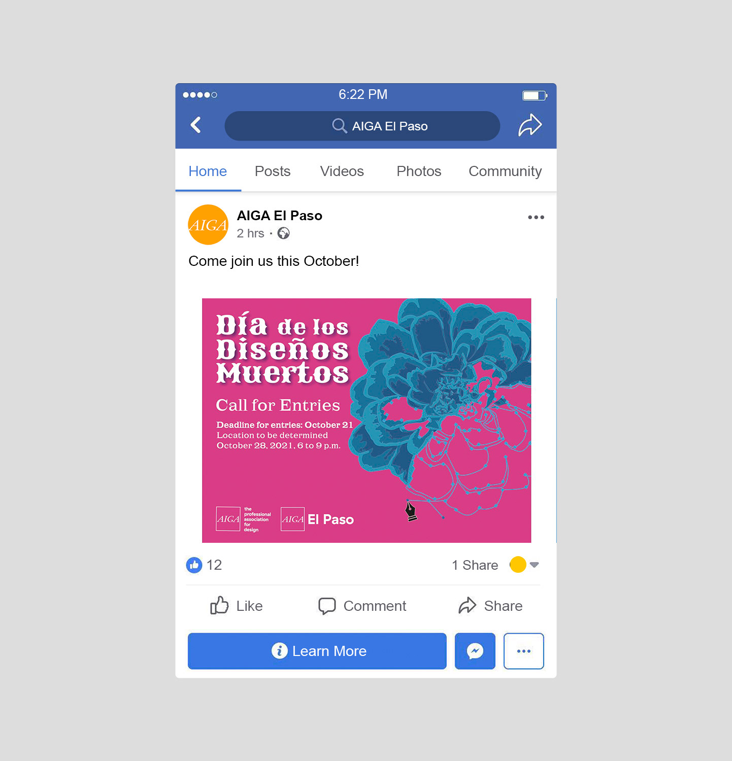 Mobile facebook post using the pink poster to promote the event.