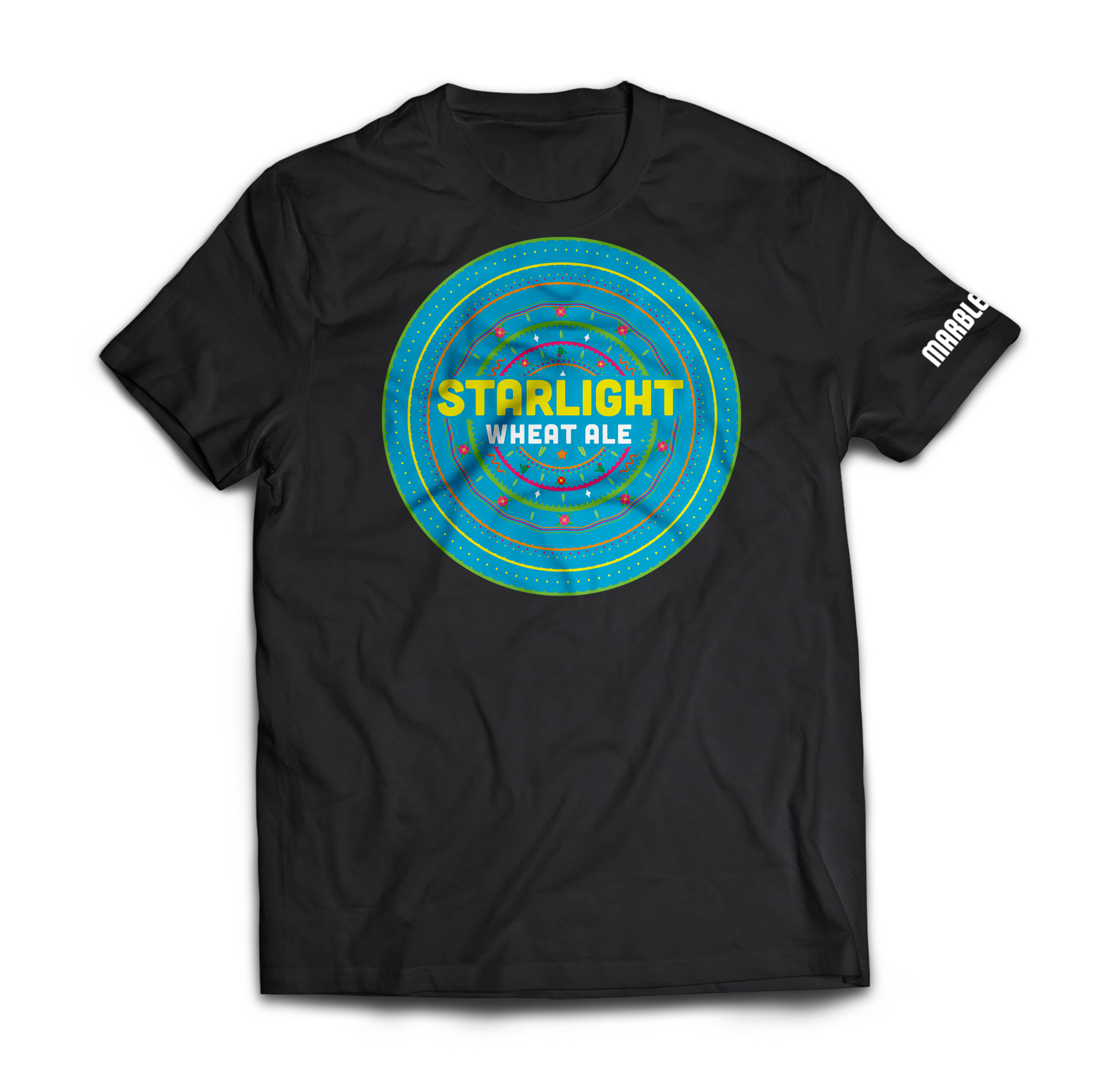 Black t-shirt with a circular dress pattern printed on the front and the words "Starlight Wheat Ale" at the center.