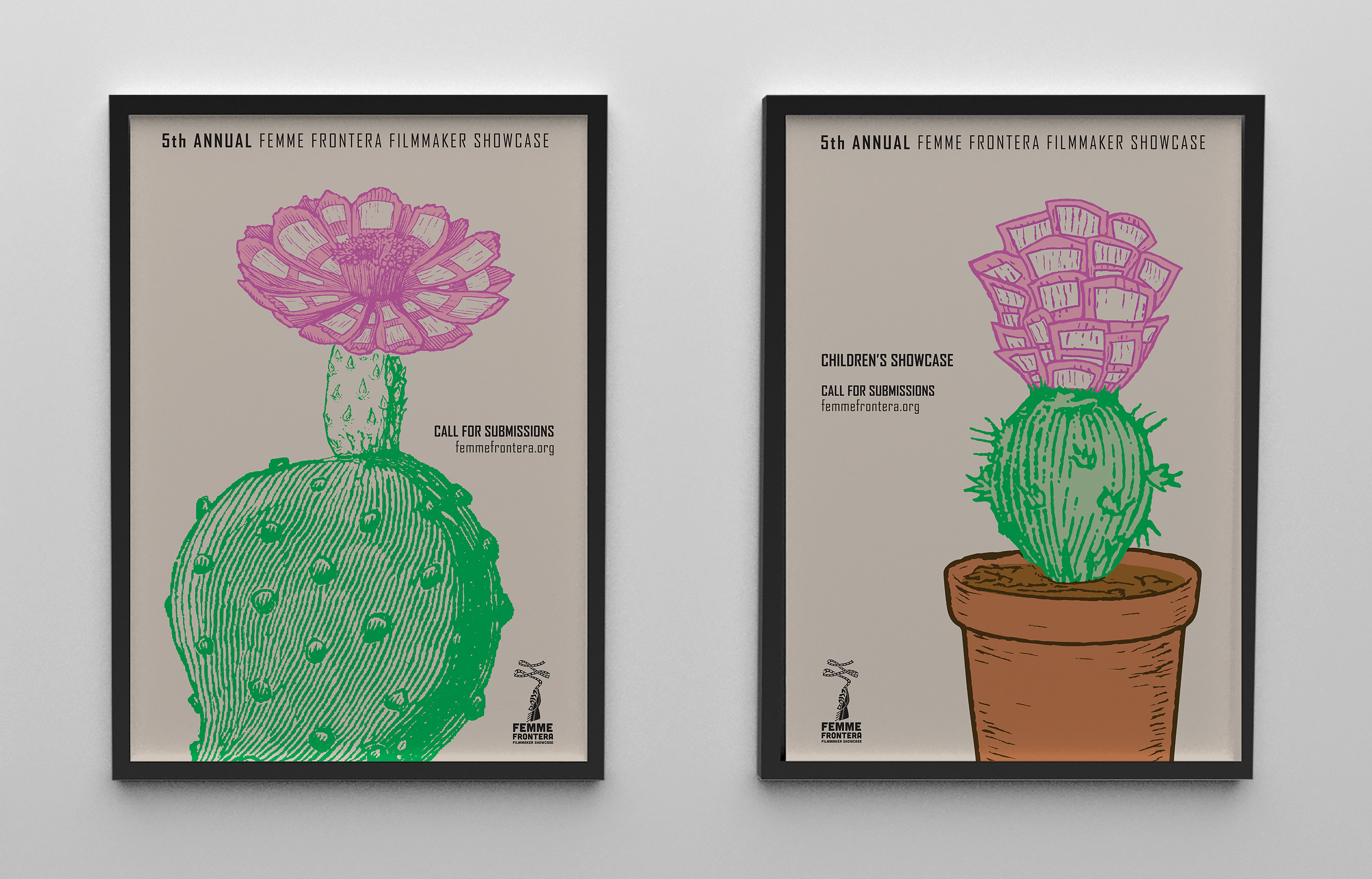 Two posters hung on a wall. The left poster is for the call for submissions with an image of a green cactus with a pink flower blooming out from the top. The flower petals are turned into strips of film. The poster on the right is call for submissions for the children's showcase with a smaller potted cactus with the same blooming film strips coming from the top.