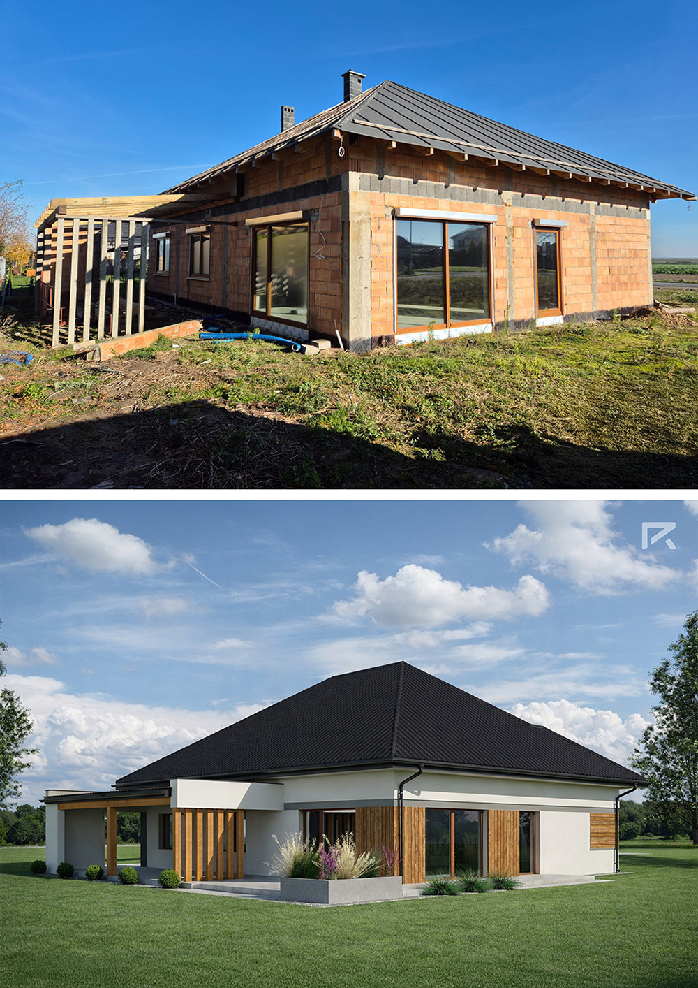 Projekt elewacji domu parterowego z tarasem – przed i po 