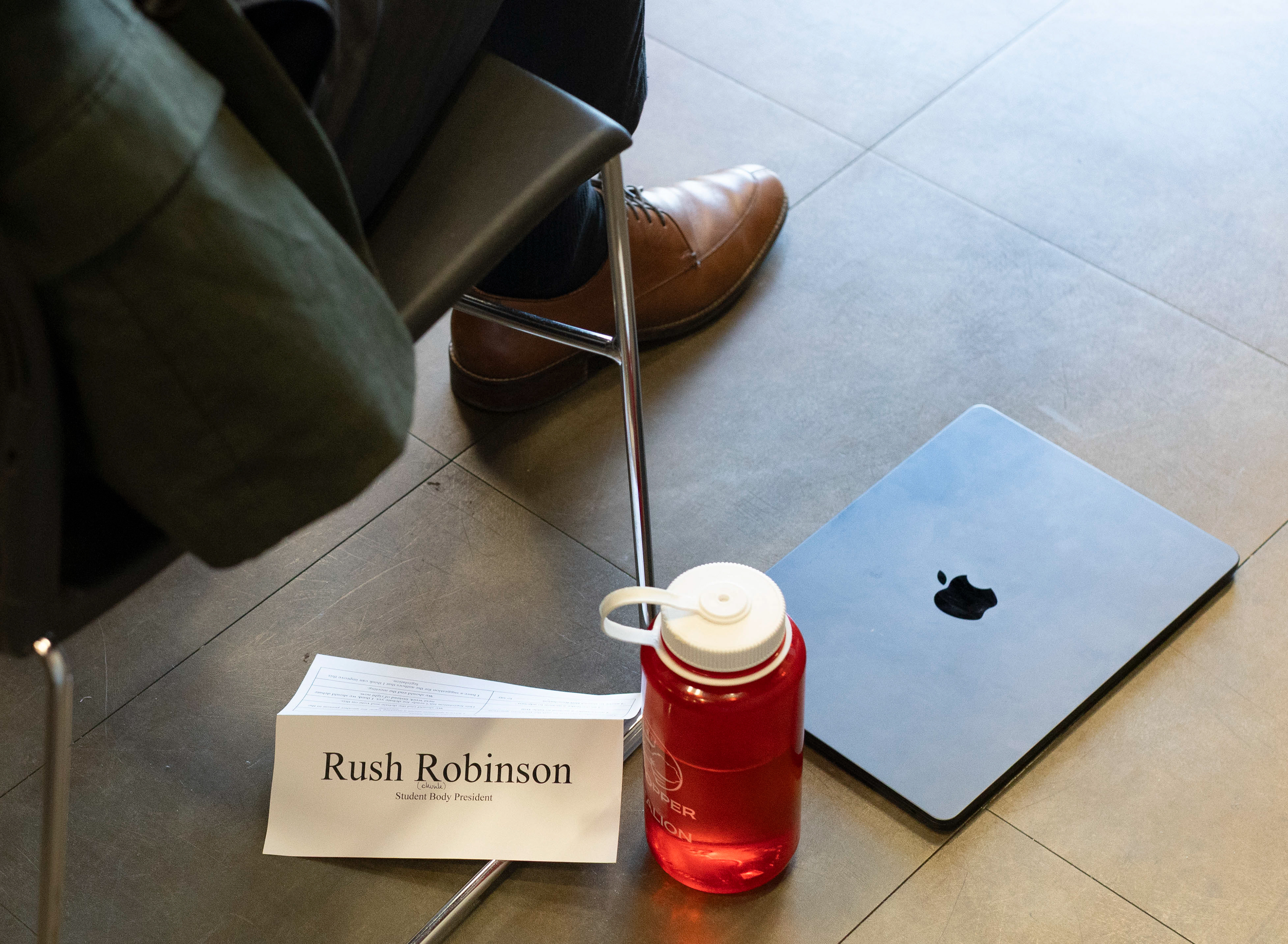 President Rush Robinson sits at the front of DSU Room 2123 during the weekly SGA meeting on Thursday, Oct. 16, 2025. 