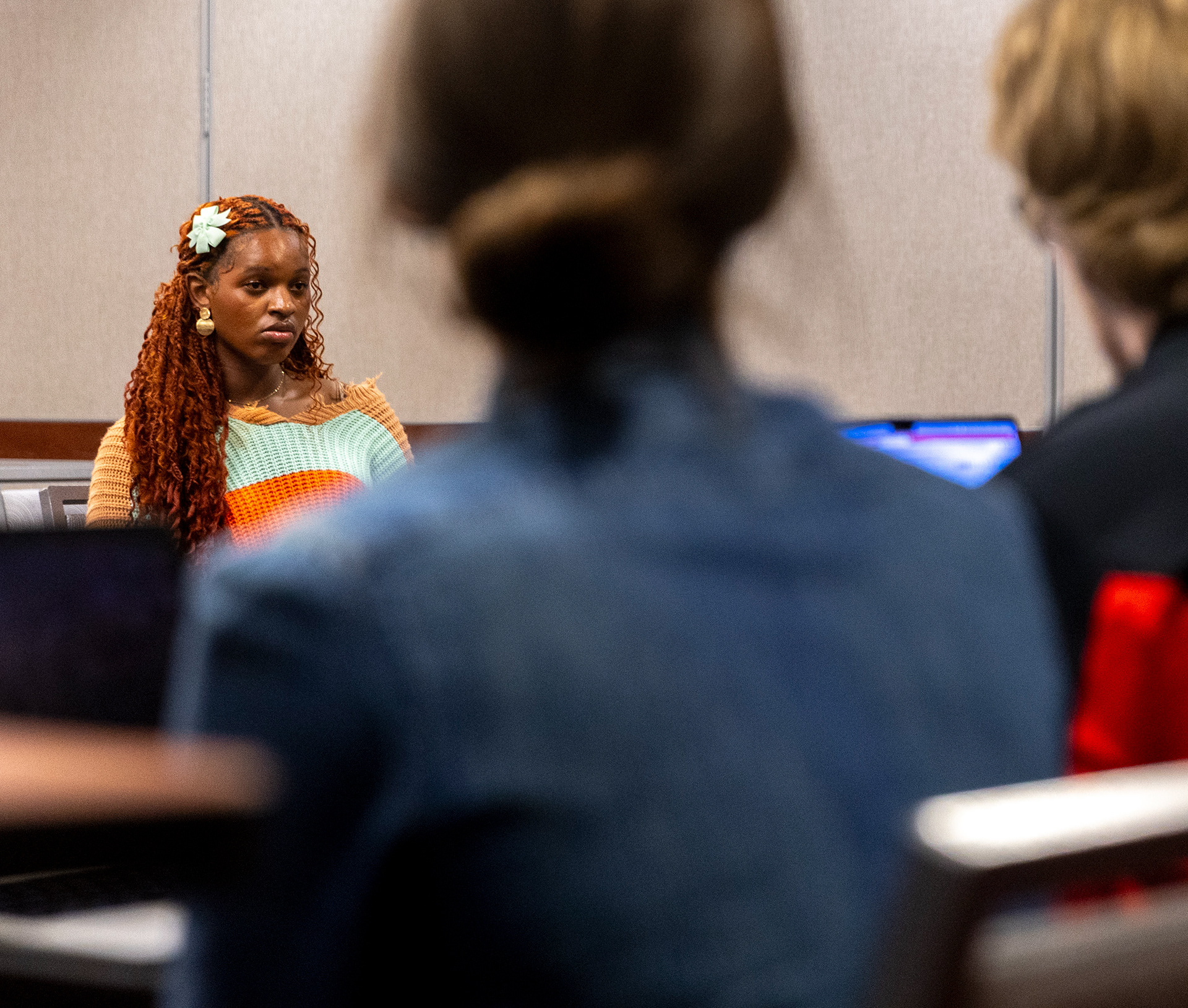 Senator Jade Ismail sits as members of the judicial council explain their vote to not censure her at a hearing on Wednesday, Nov. 12, 2025 in Downing Student Union Room 3003. 