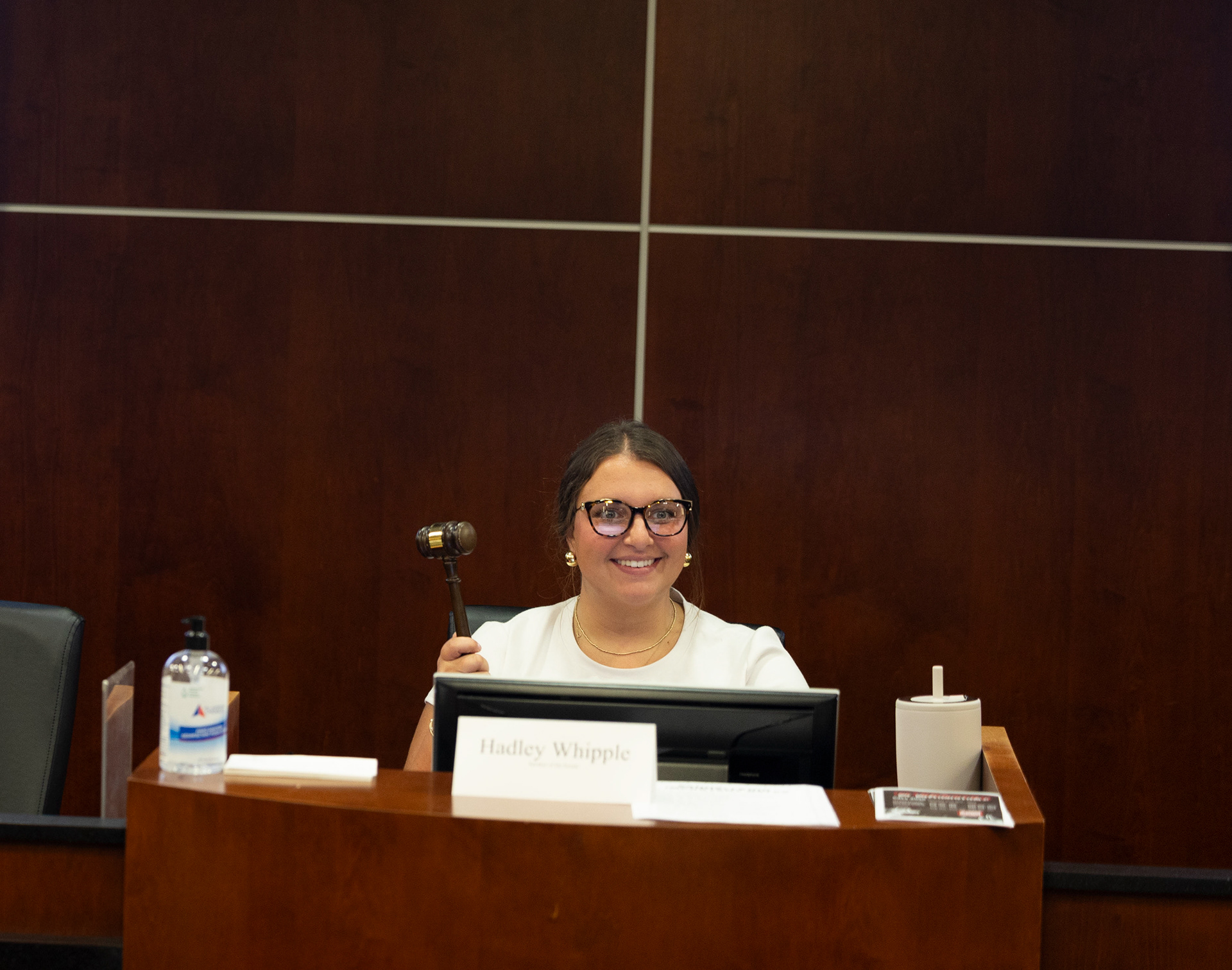Speaker of the Senate Hadley Whipple excitedly waves her gavel just before the start of the first WKU SGA meeting of the Fall 2025 semester on Tuesday, Aug. 19, 2025 in Senate Chambers. 