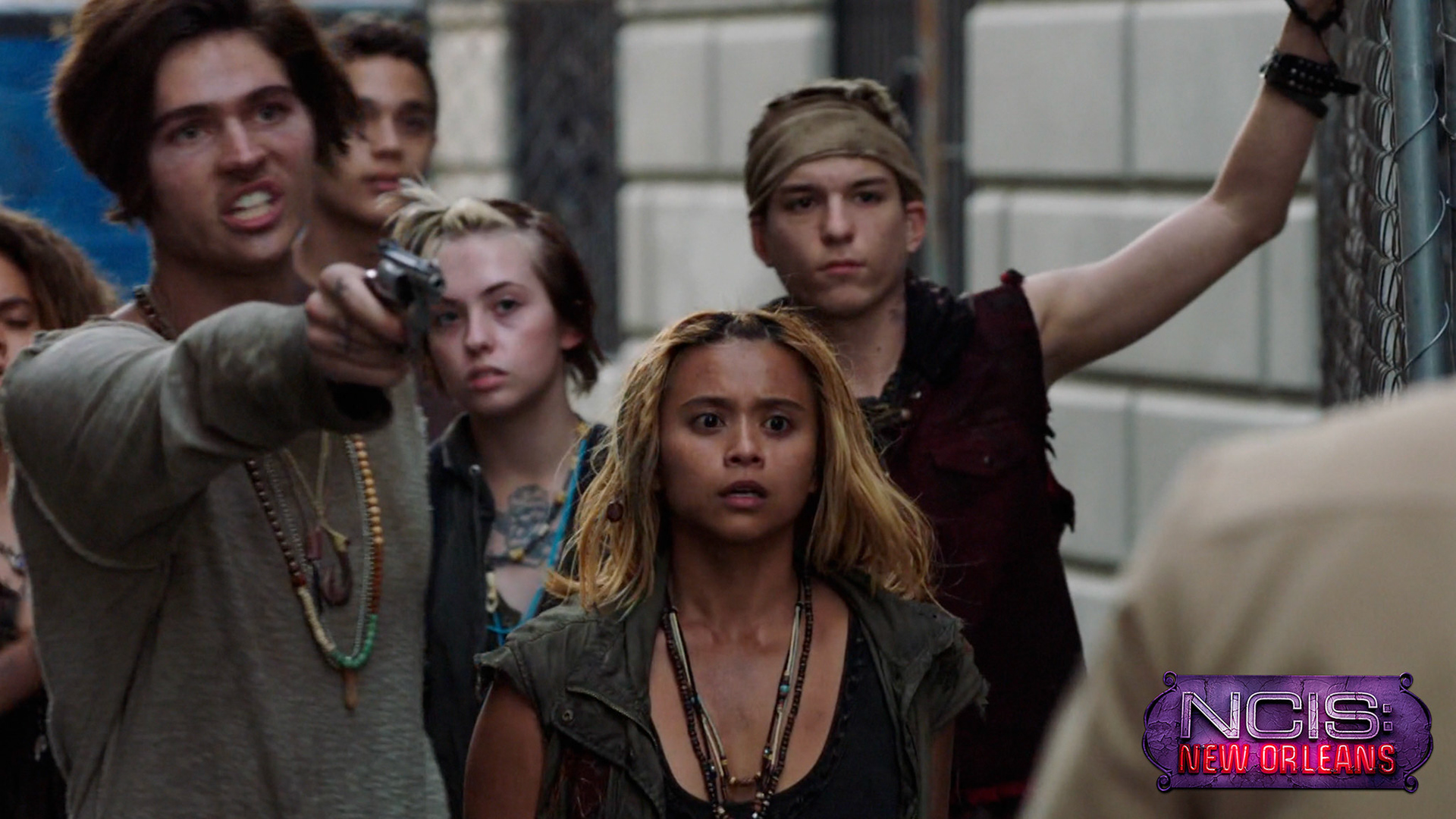 Cami Roebuck as Featured Gutter Punk with Will Peltz and Jown Marie Batoon in S4E9 of NCIS: New Orleans "Hard Knock Life" directed by Deborah Reinisch. November 2017.