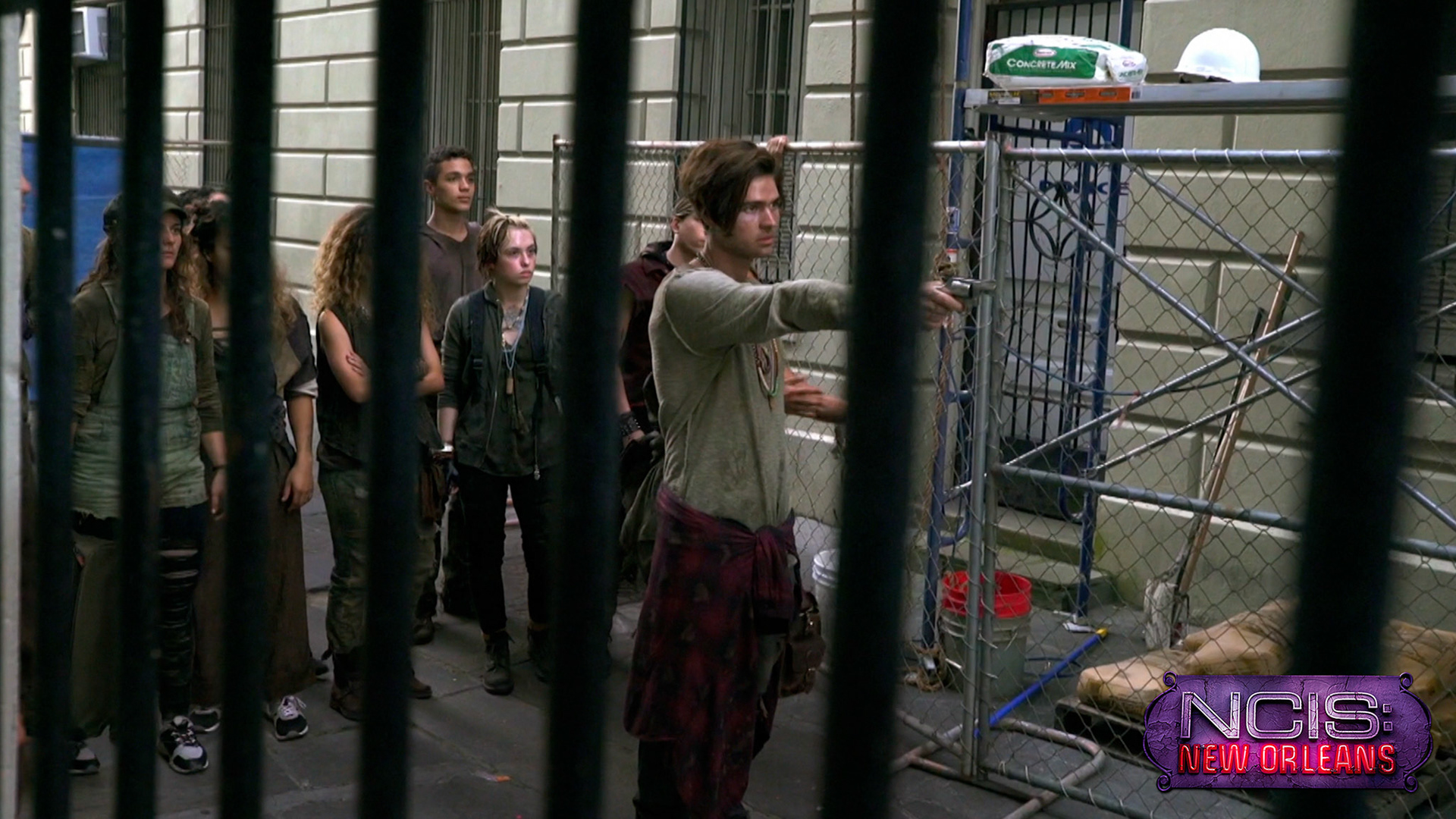 Cami Roebuck as Featured Gutter Punk with Will Peltz and Jown Marie Batoon in S4E9 of NCIS: New Orleans "Hard Knock Life" directed by Deborah Reinisch. November 2017.