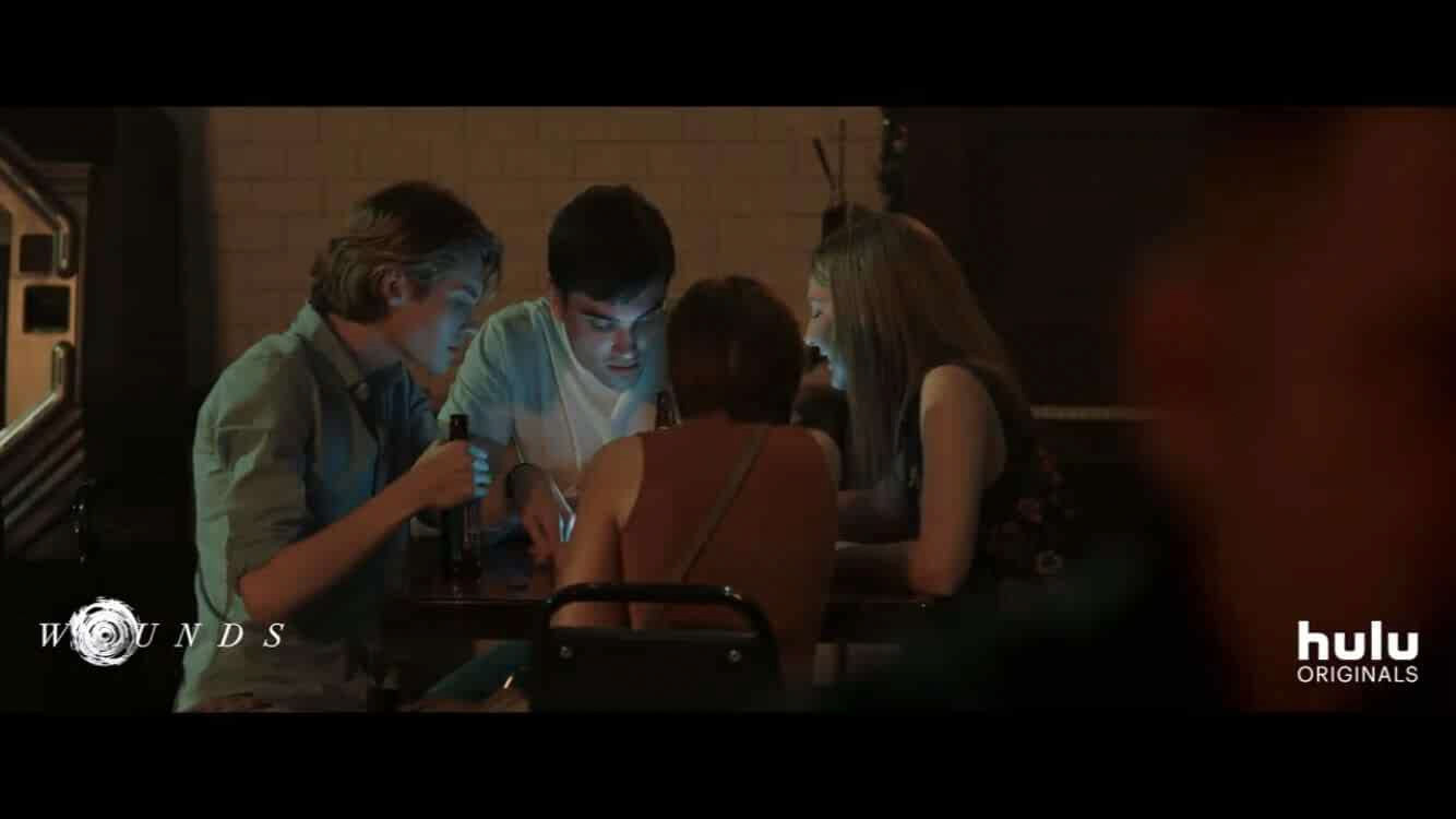 Cami Roebuck as College Girl #2 with Noelle Robinson, Alexander Biglane, and Ben Sanders in Wounds directed by Babak Anvari. October 2019. Watch now on Hulu!