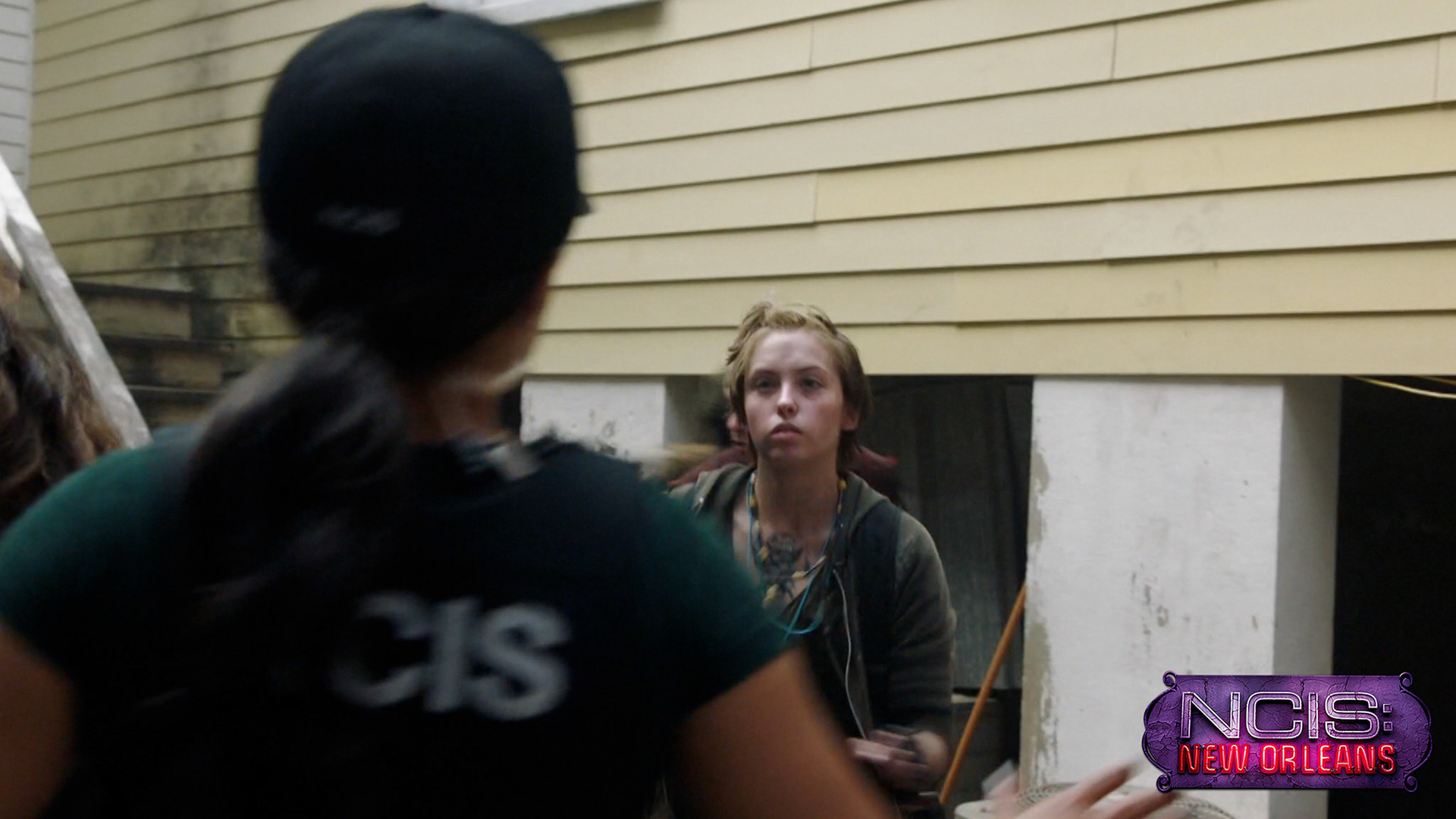 Cami Roebuck as Featured Gutter Punk with Shalita Grant in S4E9 of NCIS: New Orleans "Hard Knock Life" directed by Deborah Reinisch. November 2017.