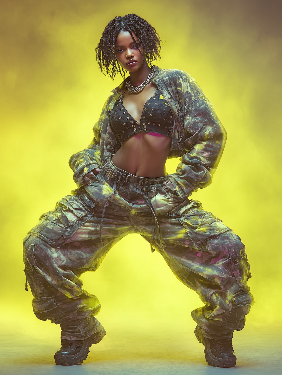 Confident woman in a bold streetwear pose, wearing a camouflage cargo set and studded bra top, standing against a dramatic yellow smoke background