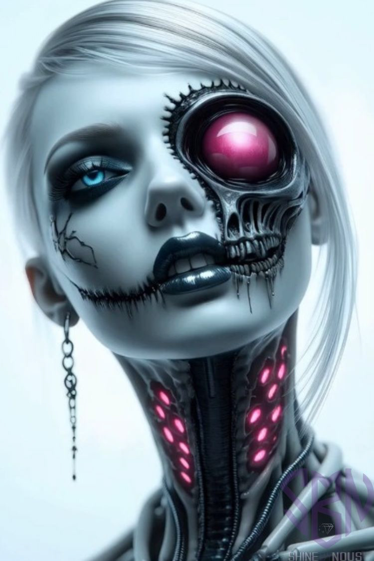 Futuristic female cyborg with exposed biomechanical jaw, glowing pink eye detail, and silver skeletal structure, in a high-contrast sci-fi portrait
