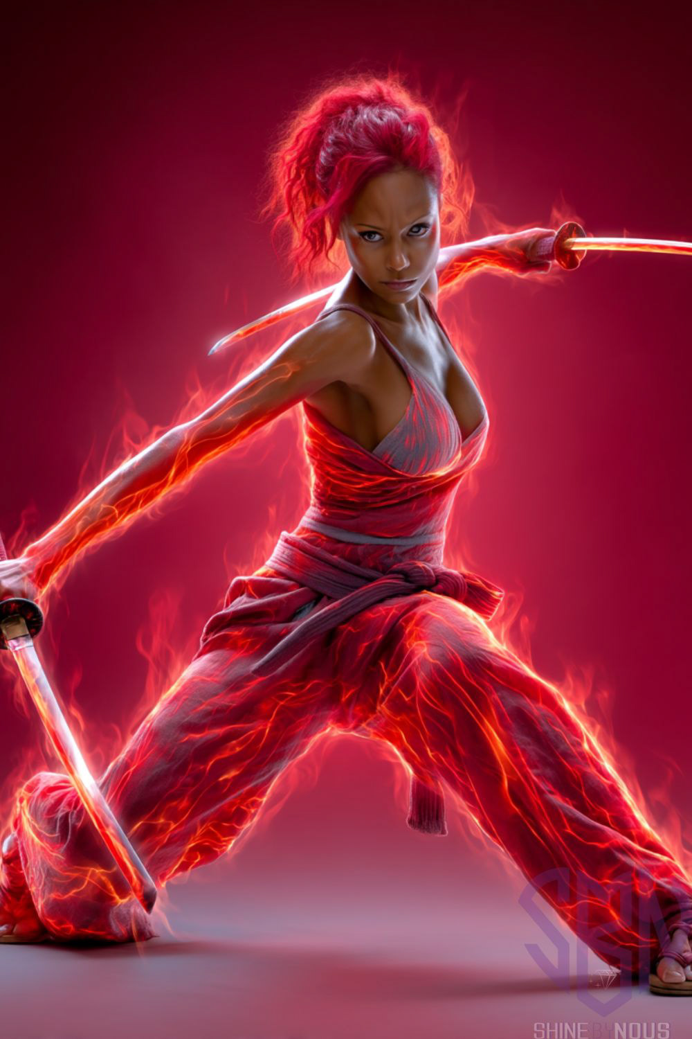Powerful female warrior in glowing red attire, holding dual katanas in a fiery battle stance, set against a bold crimson background