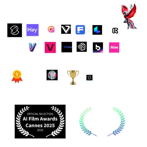 Grid showcasing Shine by Nous’s creative partnerships and milestones: logos of platforms including Heygen, Kling AI, Runway, Freepik, Vidu, and MidJourney; awards for 1st place in Domo AI Challenge and 3x Kling AI winner; with Cannes 2025 AI Film Awards selection and Shaike Certified Creator badge listed as personal achievements.