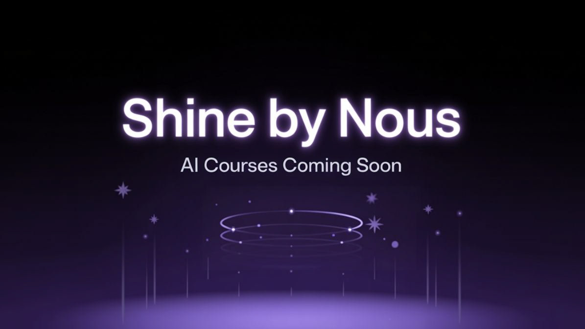 Logo for Shine by Nous — AI Courses Coming Soon, purple background with floating stars and digital rings
