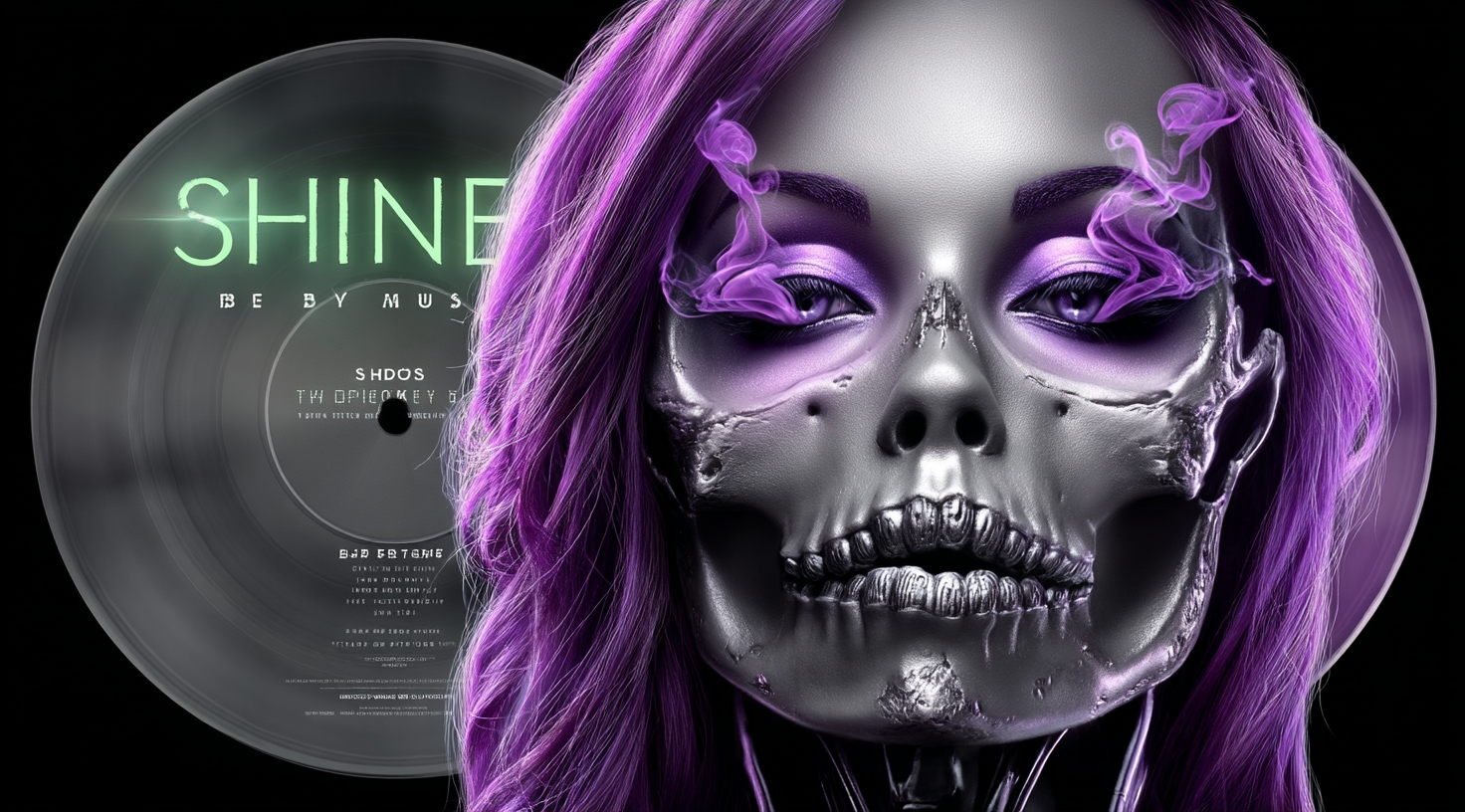 Glossy vinyl record labeled “SHINE by Music” in glowing neon green, featuring a tracklist with futuristic typography and a reflective black surface. Close-up of a silver metallic skull-faced woman with glowing purple eyeshadow and smoke lashes, violet hair blending into a vinyl record background