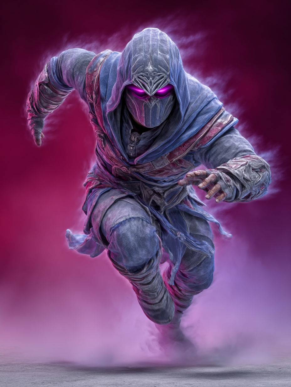 Mysterious hooded warrior in tattered robes sprinting forward, glowing purple eyes and smoke trailing behind, against a magenta foggy background