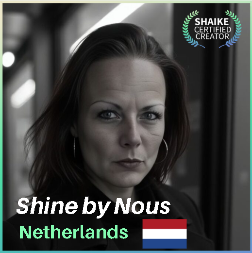 Portrait of Minouche Hijkoop with the Shine by Nous branding, labeled as a Shaike Certified Creator, featuring the Netherlands flag and bold text indicating her creative identity