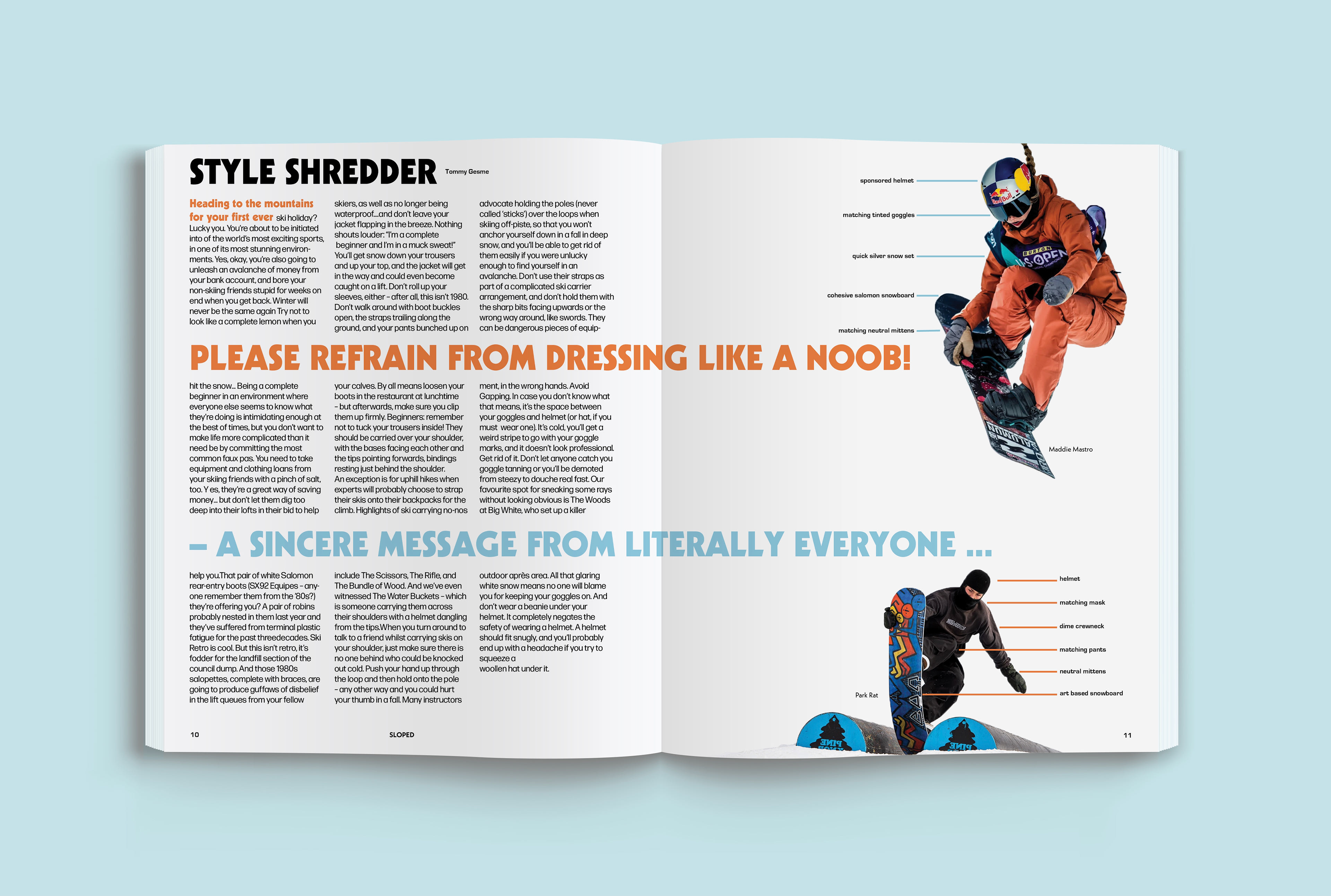 Inner spread discussing what to wear when skiing or snowboarding.