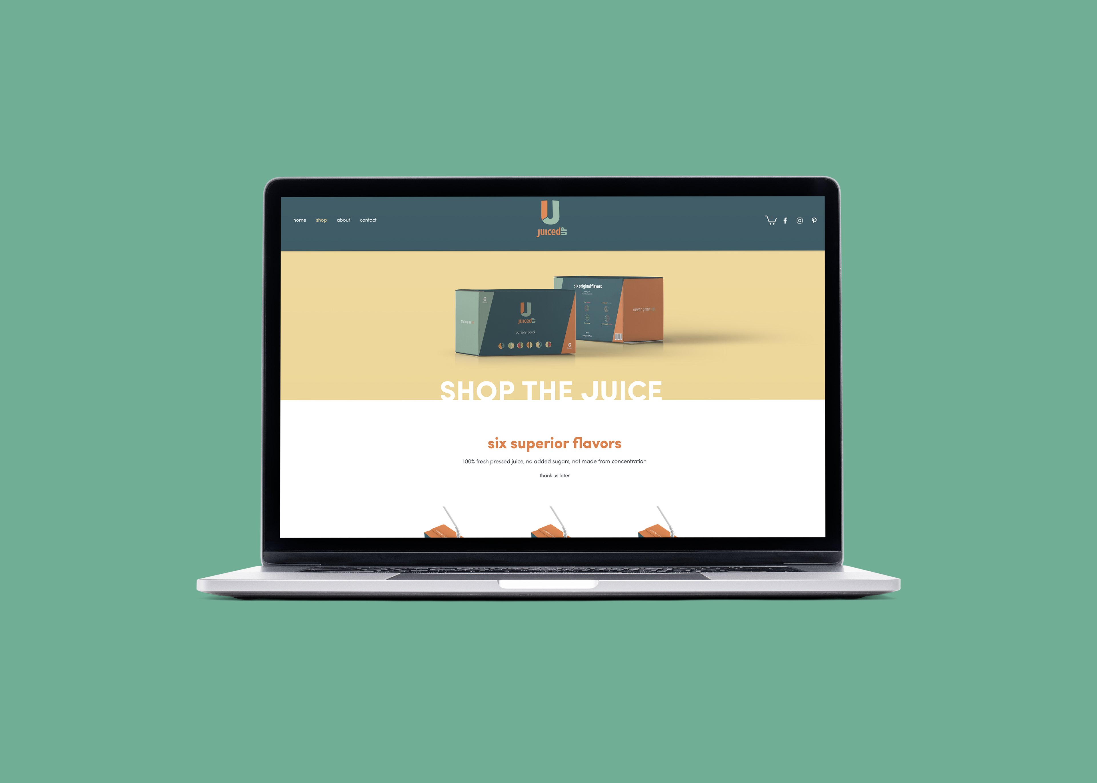 Website shop page mocked up on a laptop.