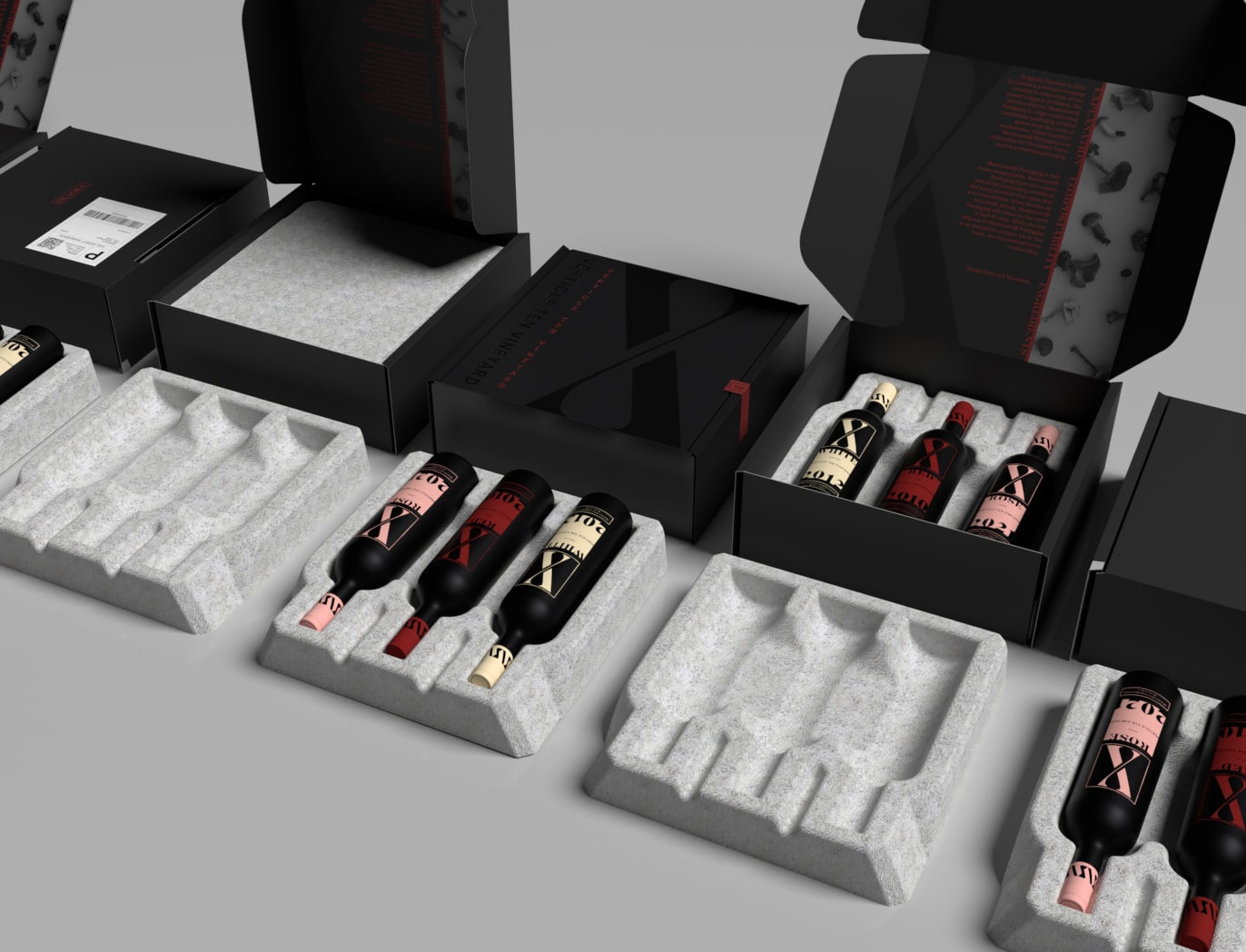 Bottles, shipping boxes, and shipping material displayed on an angle.