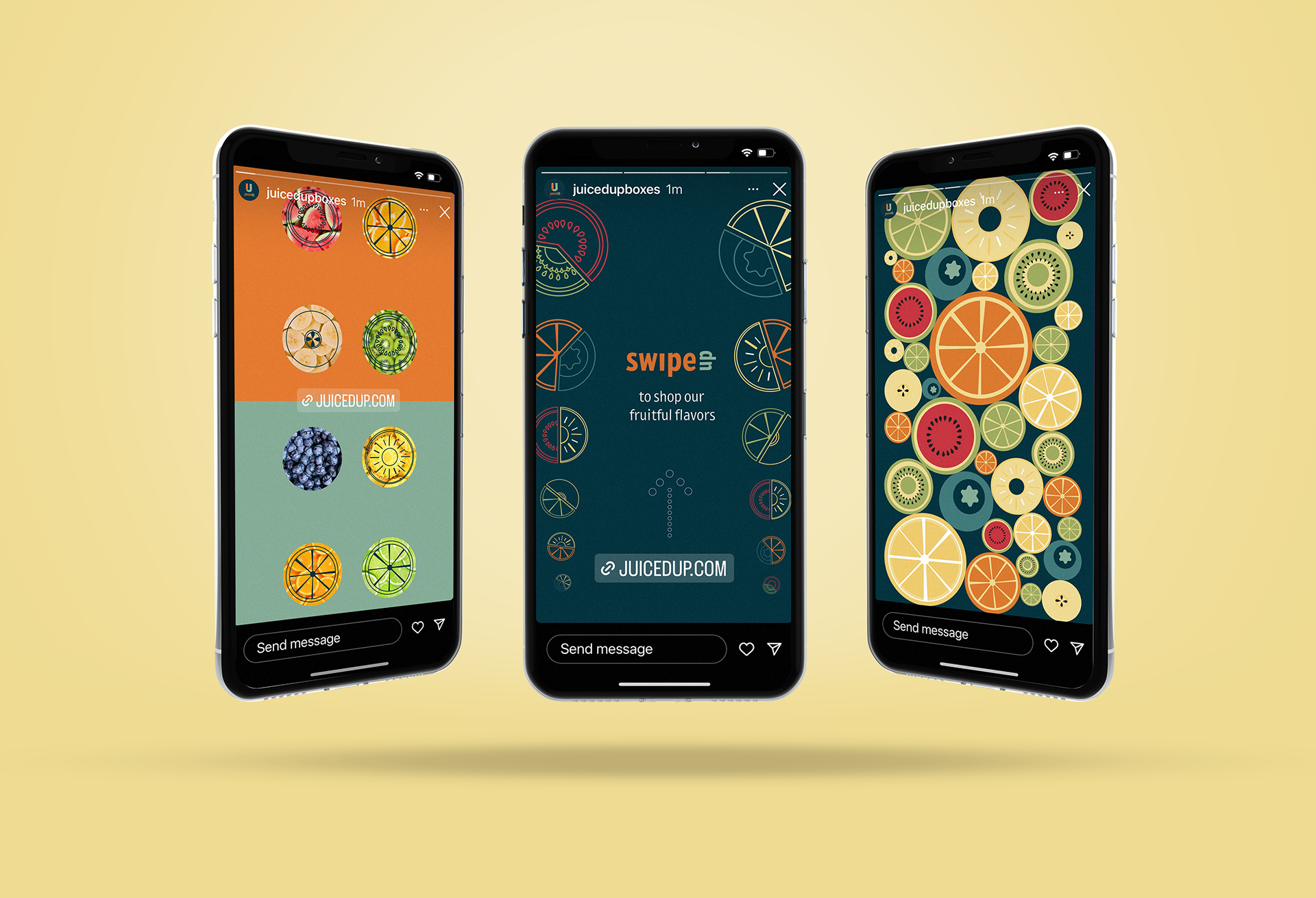 Three Instagram stories mocked up on phones..