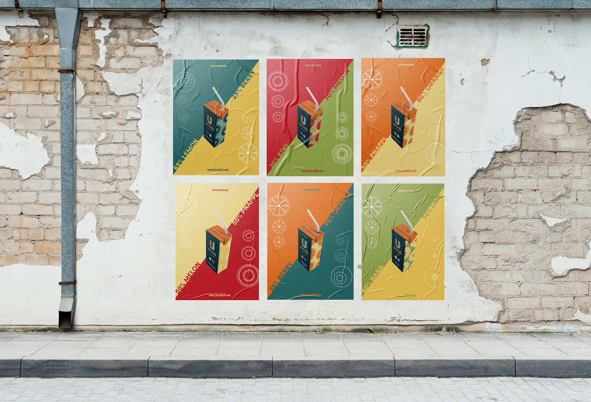 Six colorful wheat paste posters showing six different juice boxes on a brick wall.