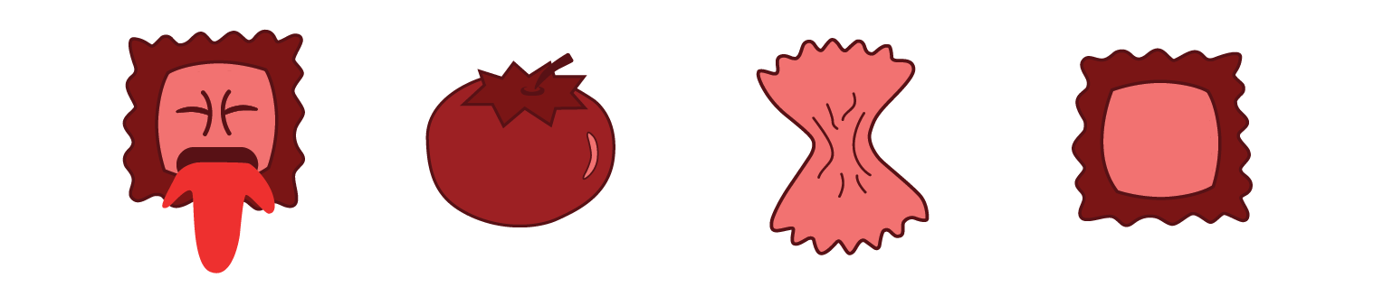 From left to right, ravoili illustration, tomato Illustration, bow tie noodle illustration, and a ravioli illustration.