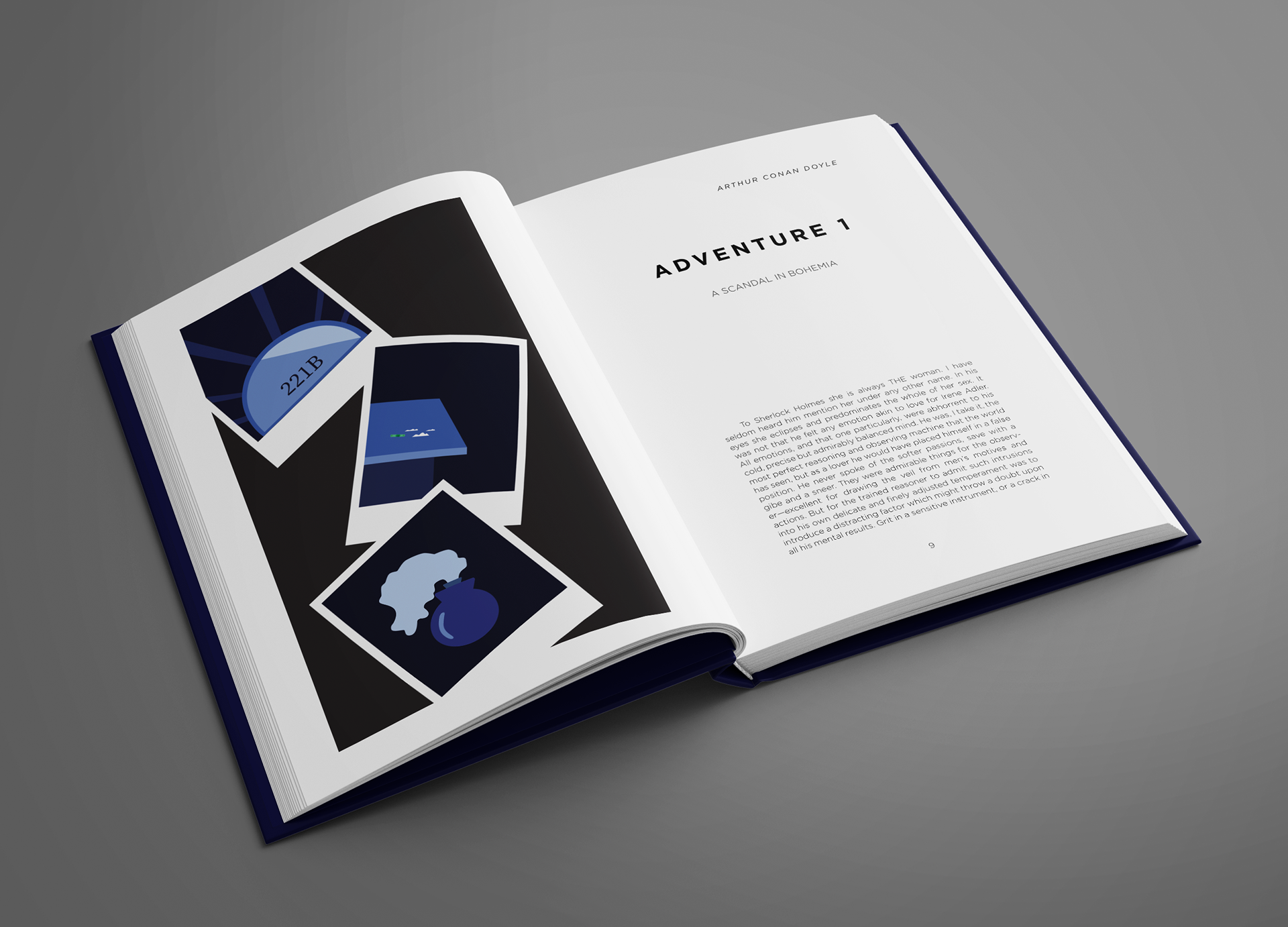Mockup showing interior spread of illustrations and body text.