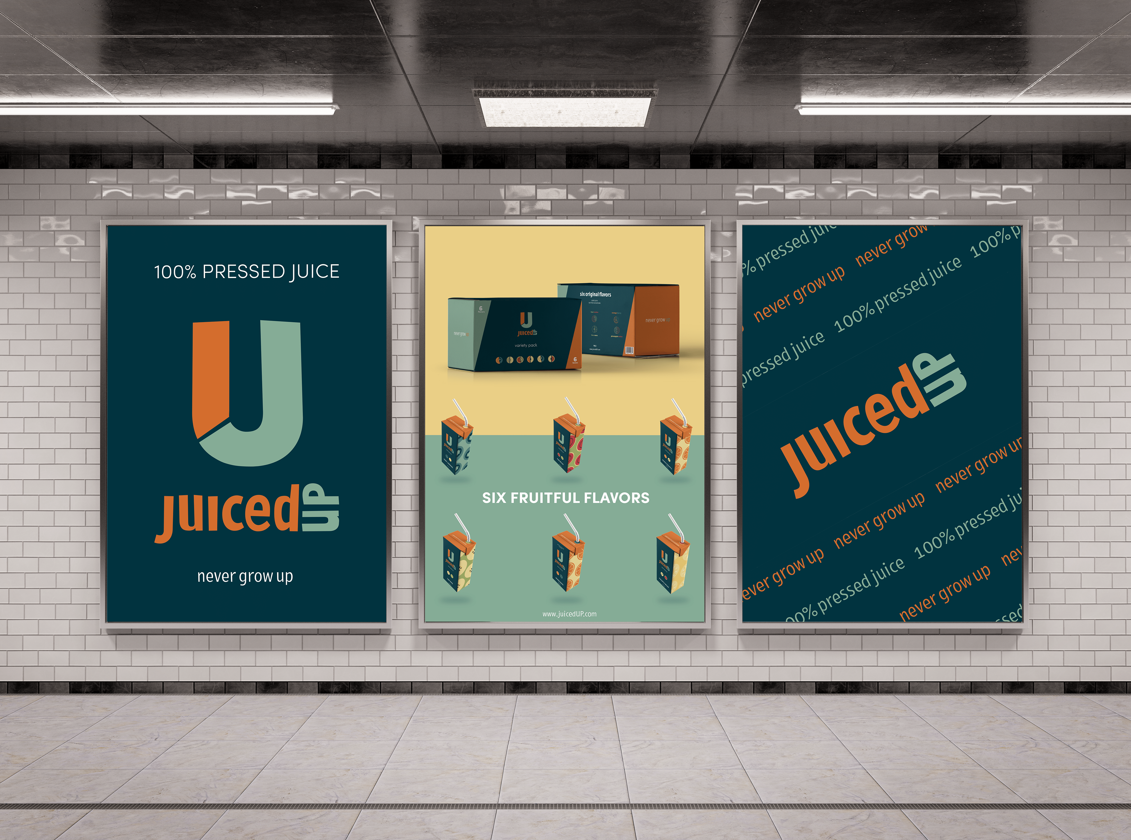 Promotional posters showing brand identity and products on subway tiled wall.