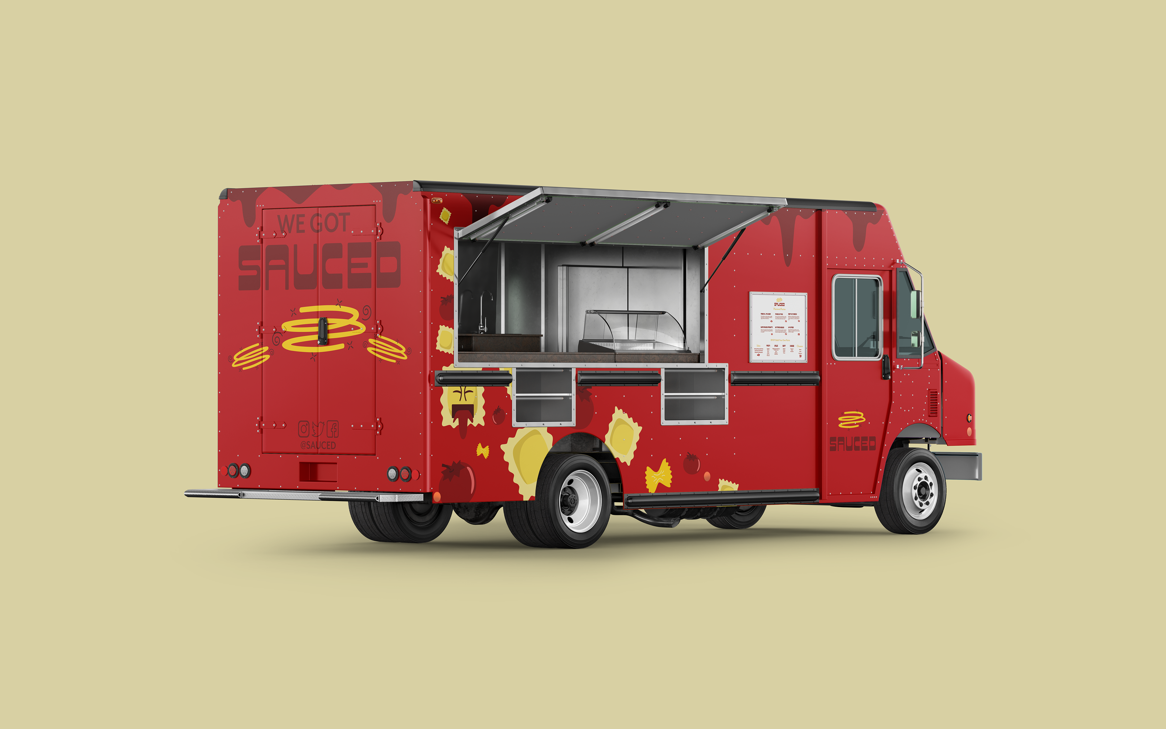 Red food truck with pasta, tomato, and sauce decals.