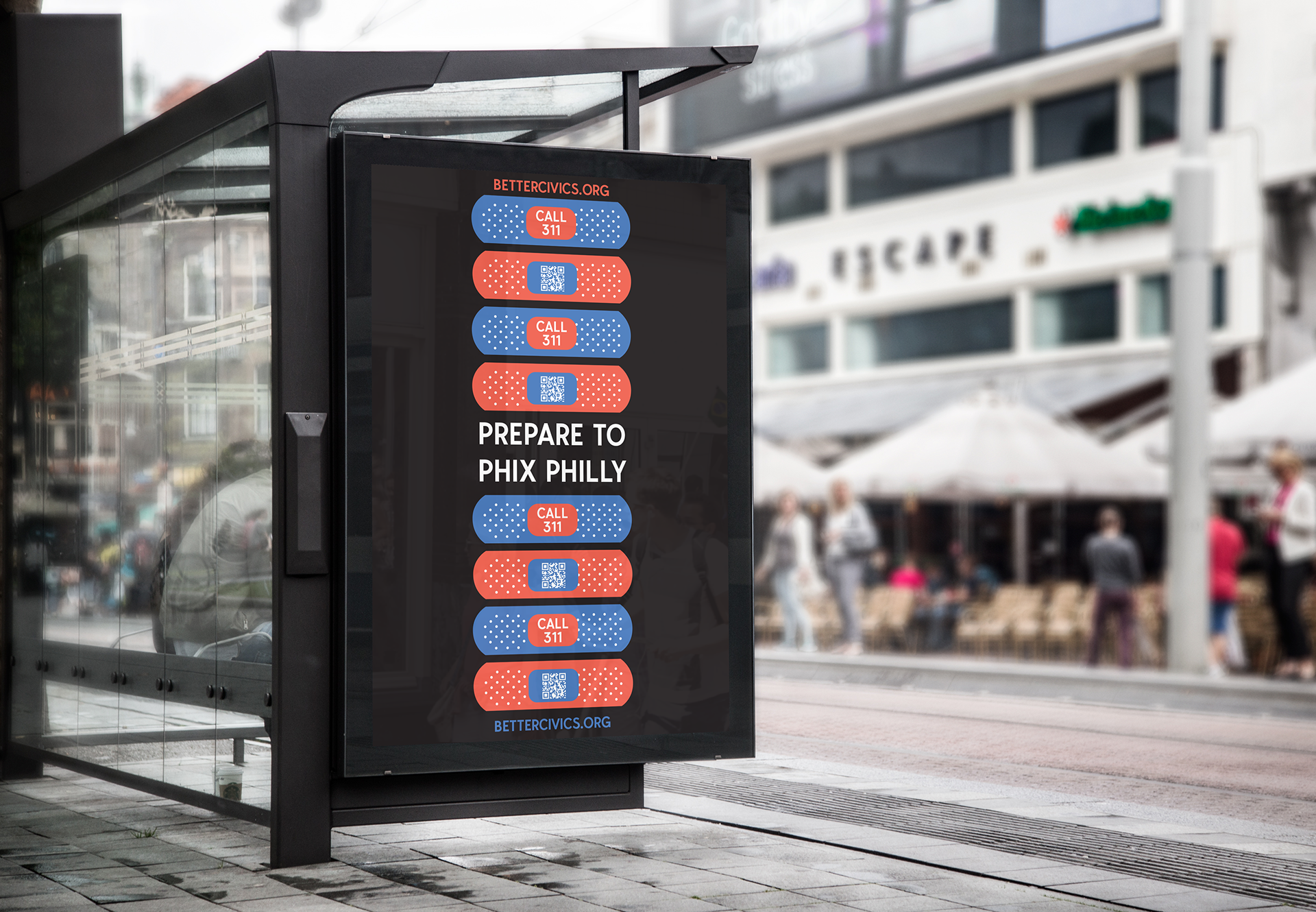 Poster mocked up on bus waiting center.