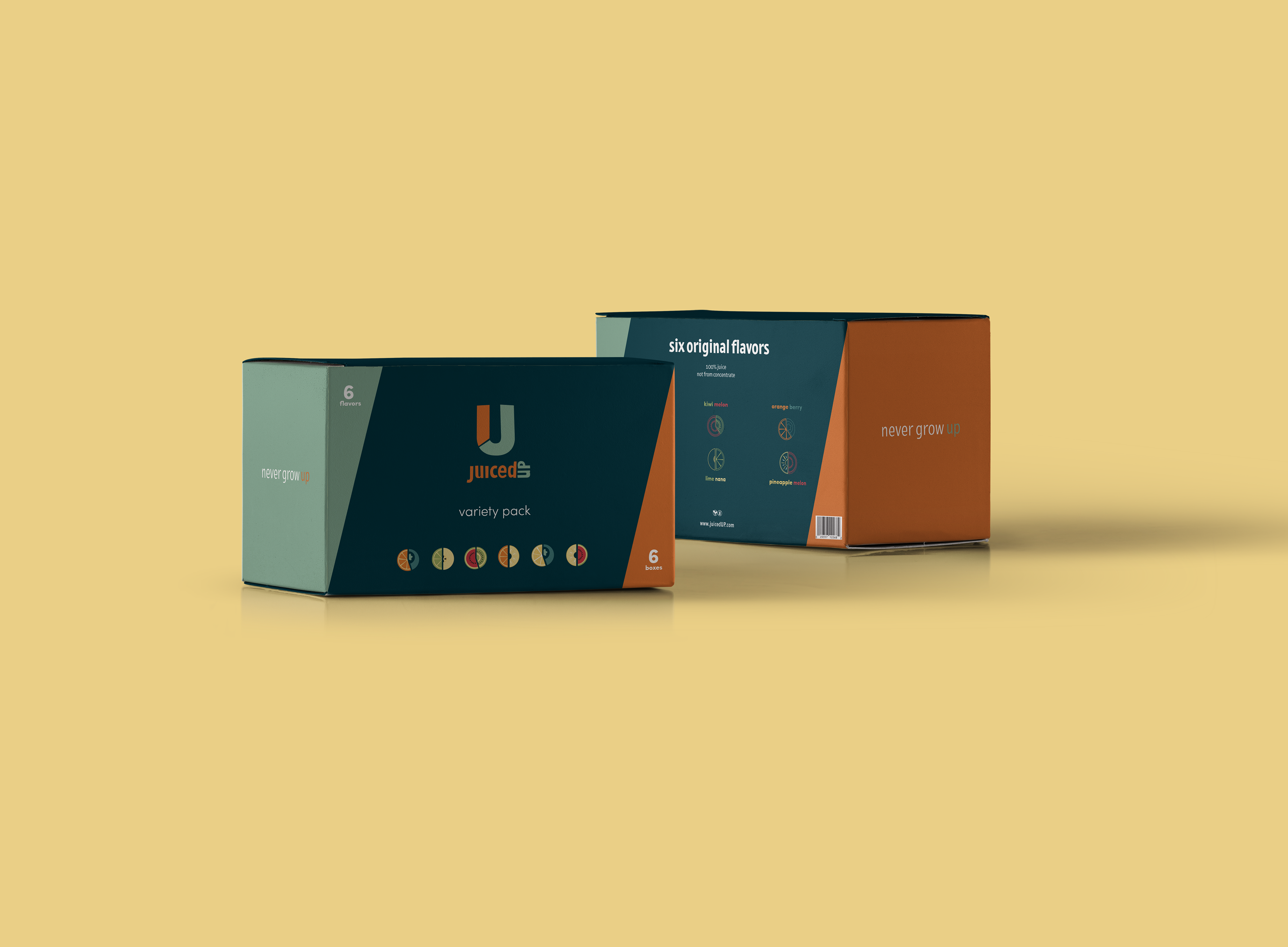 Front and back of juice box casing on a yellow background.