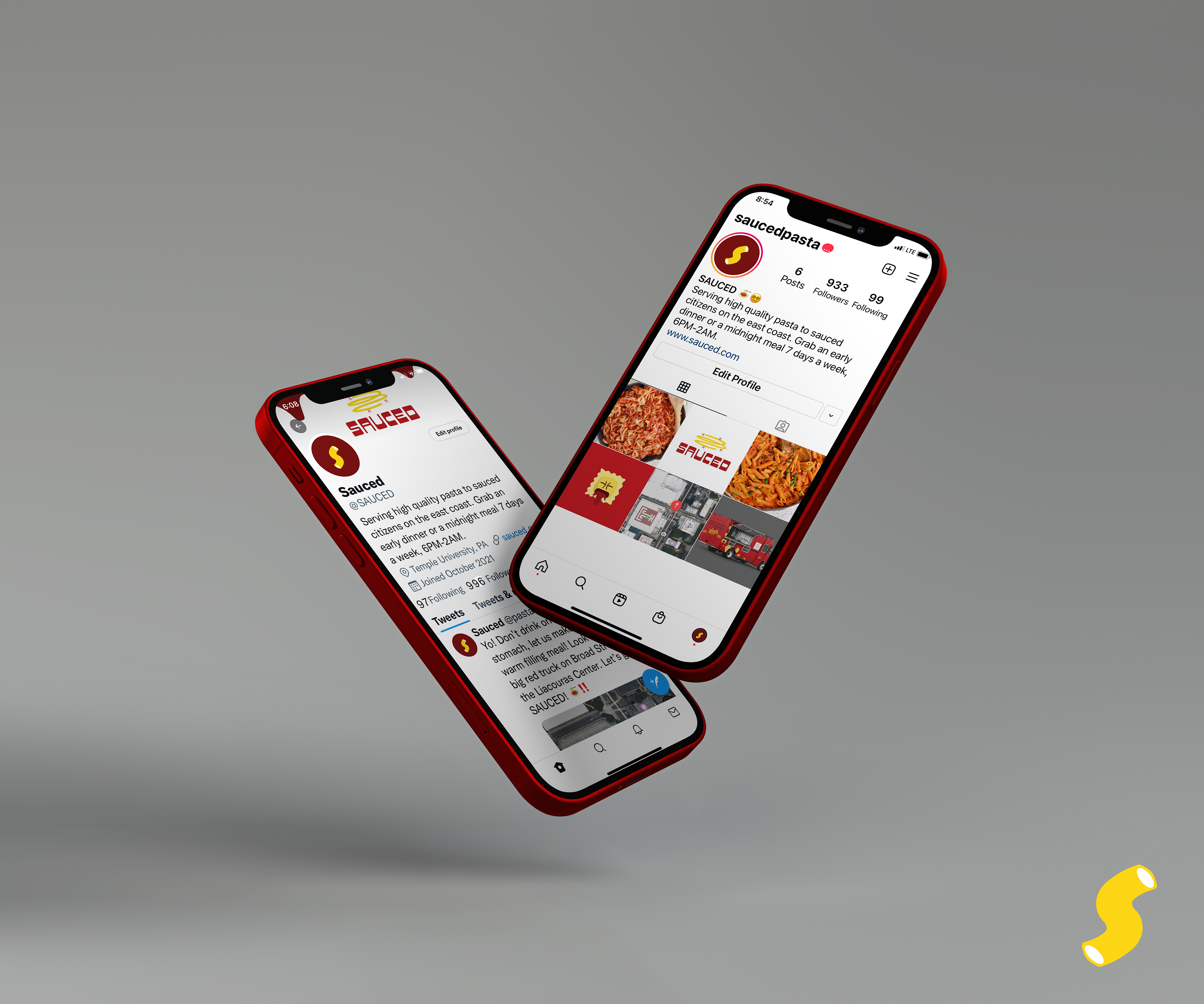 Twitter and Instagram social media brand pages mockup up on phones.