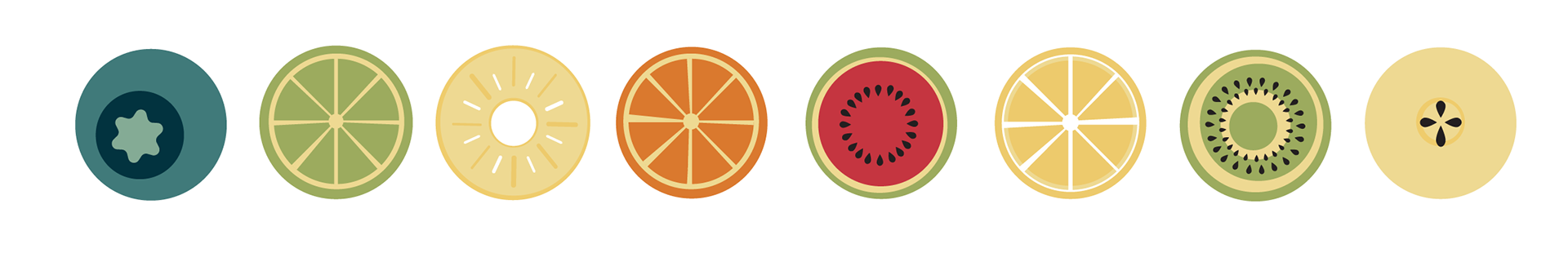 Illustrations of a blueberry, lime, pineapple, orange, watermelon, lemon, kiwi, and banana.