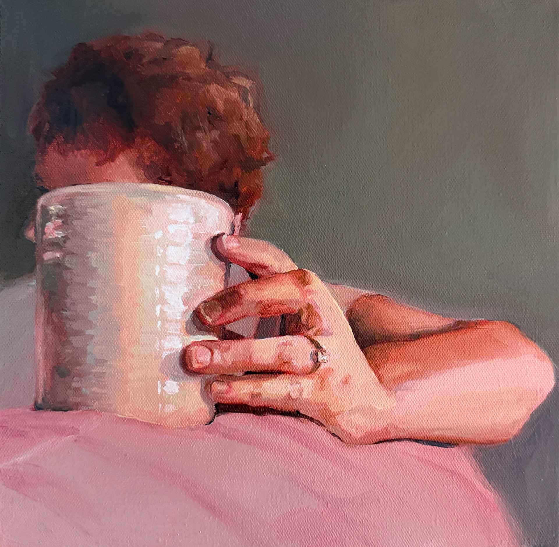 self portrait with coffee in wildfire smoke 12x12