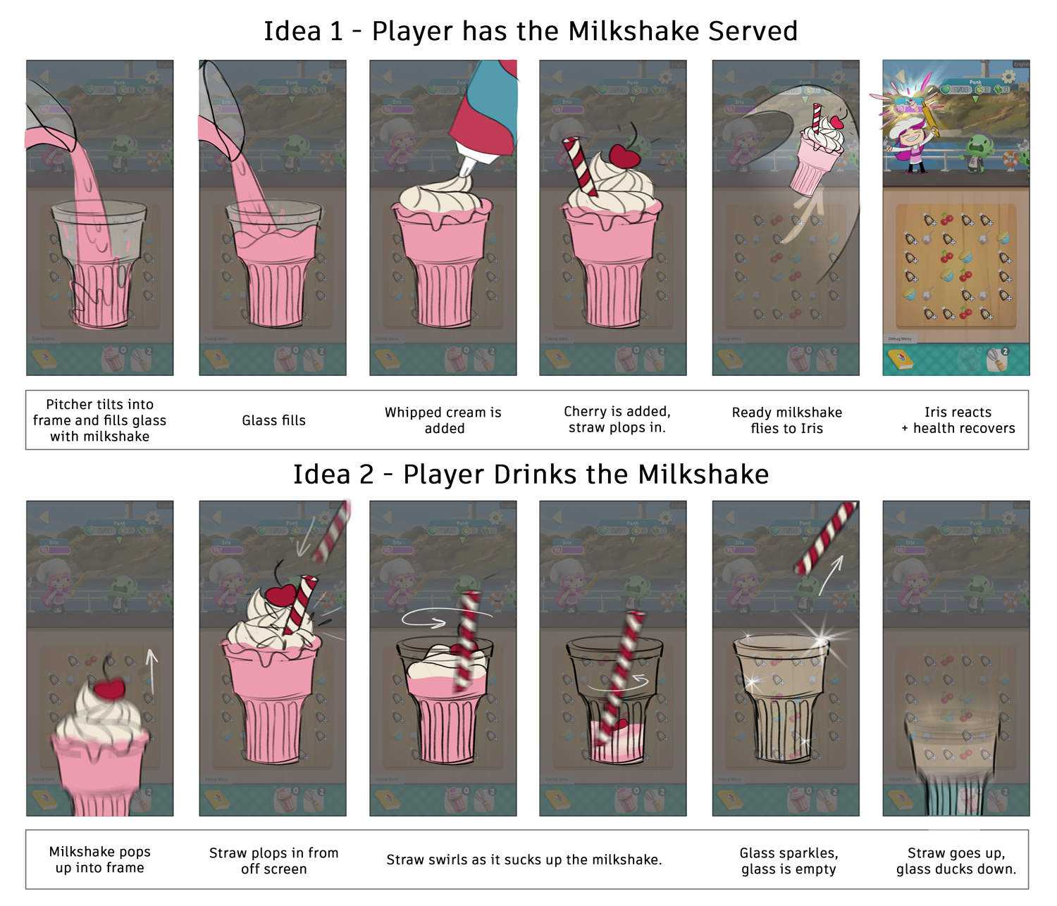 Storyboards for milkshake power-up sequence