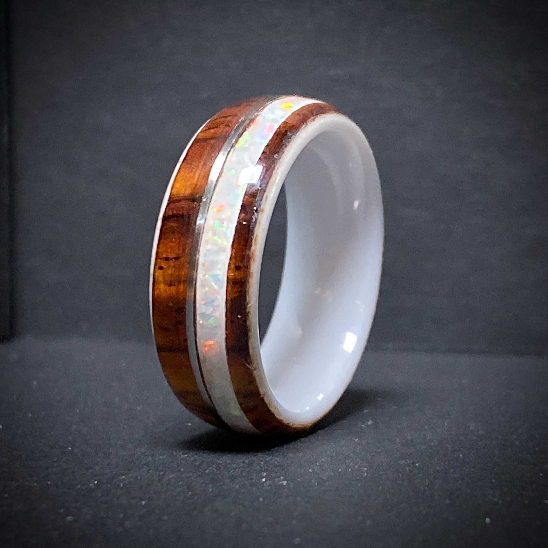 Cocobolo, ceramic core, steel inlay, crushed opal inlay