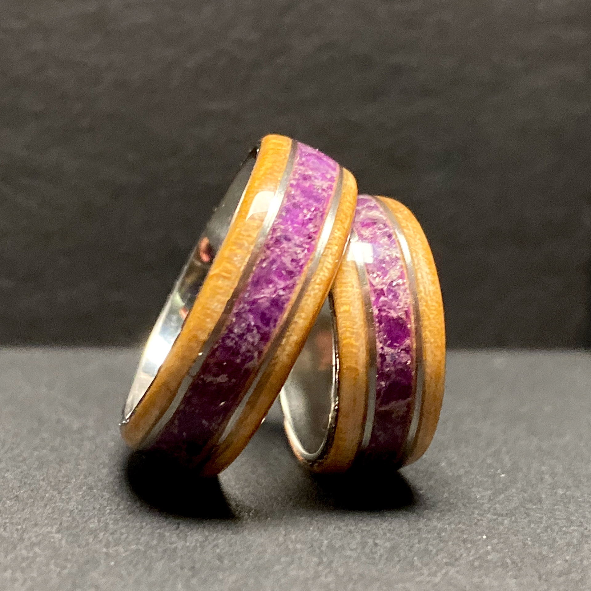 Curly maple, stainless steel core and inlay, crushed amethyst inlay
