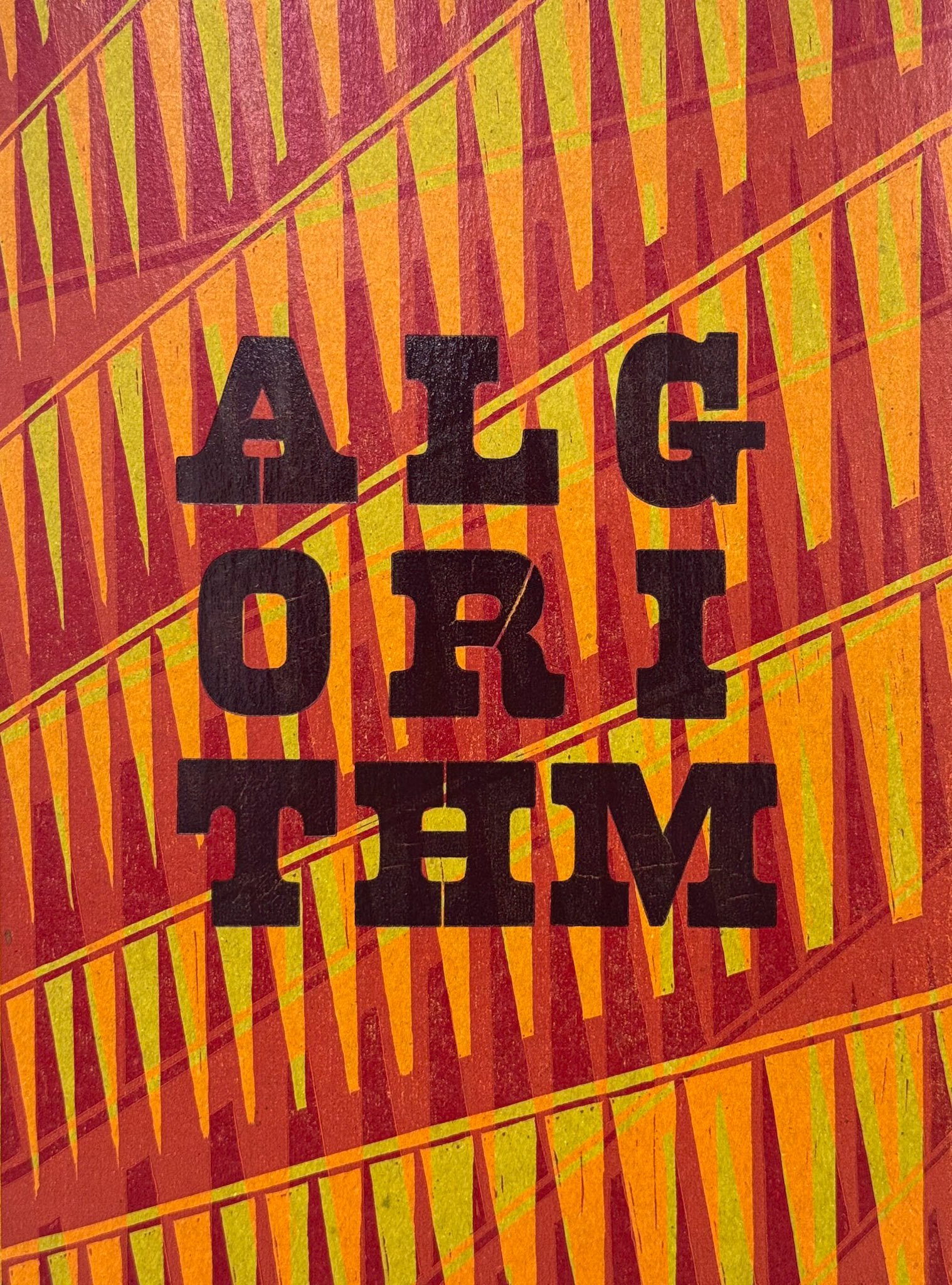 Algorithm. Printed on linocut background.