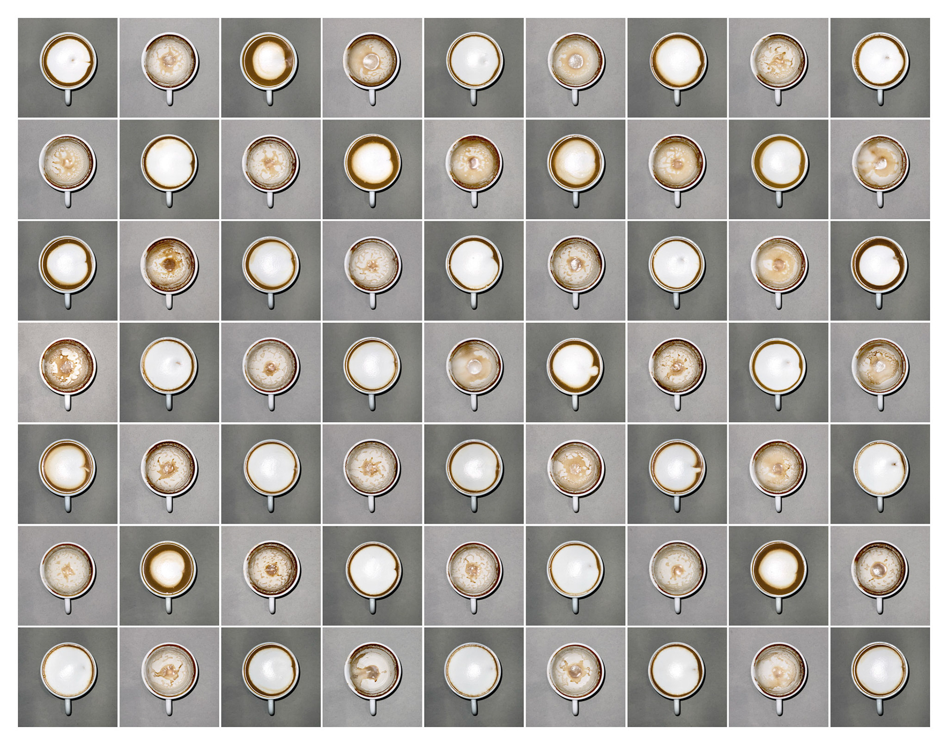 Java Flow (For this life-size composite image, I made and consumed a cappuccino every day for a month, photographing the cup before and after to show the pattern of subtle differences in an otherwise dull, daily process)