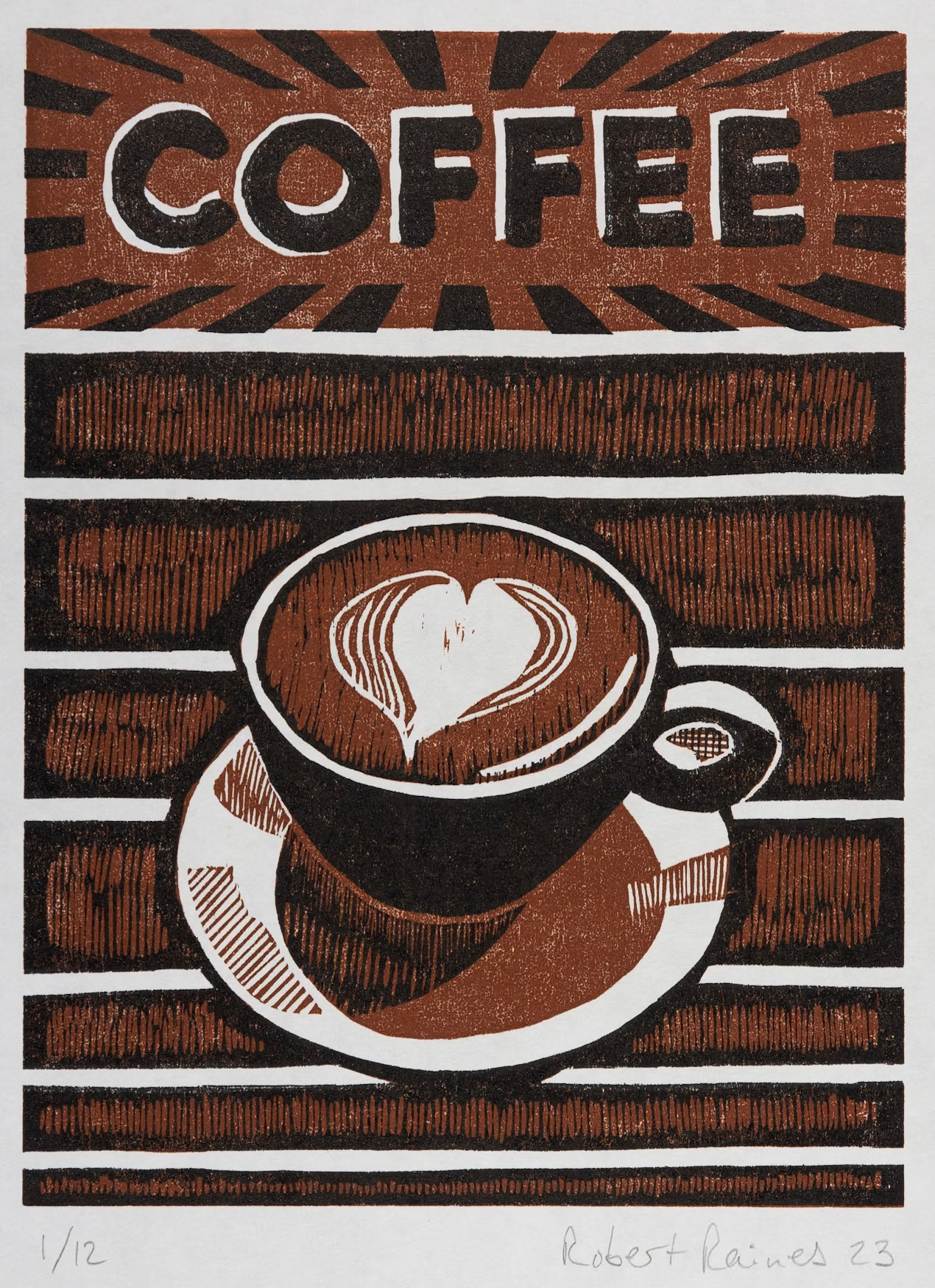 Coffee: a two-color woodblock print