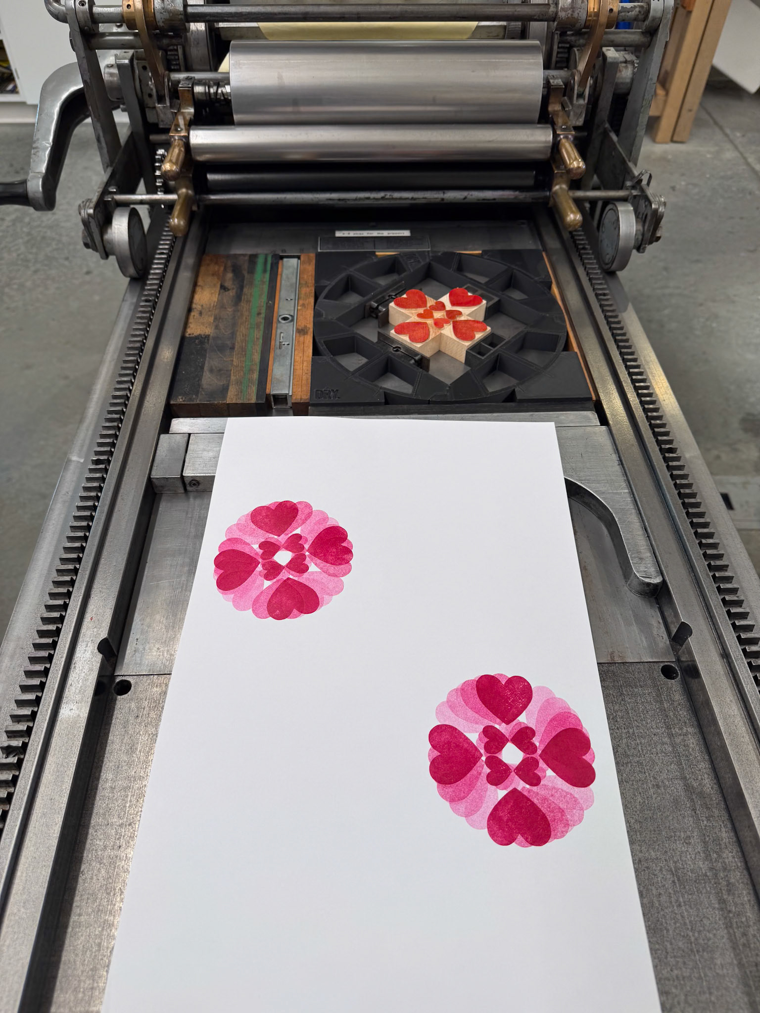 2026 Valentine's Day Cards printed 2-up on Vandercook 3 press. Rotary angle chase from Dry Inc.