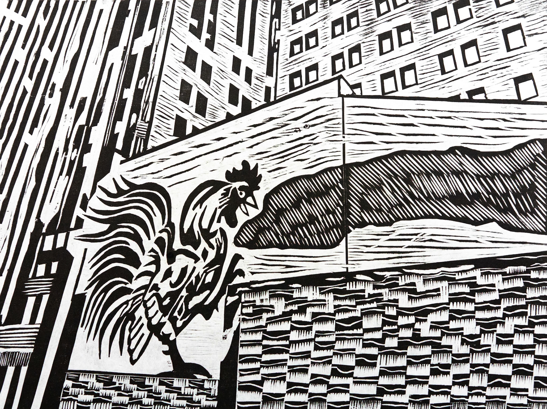 Roosterzilla: woodblock print