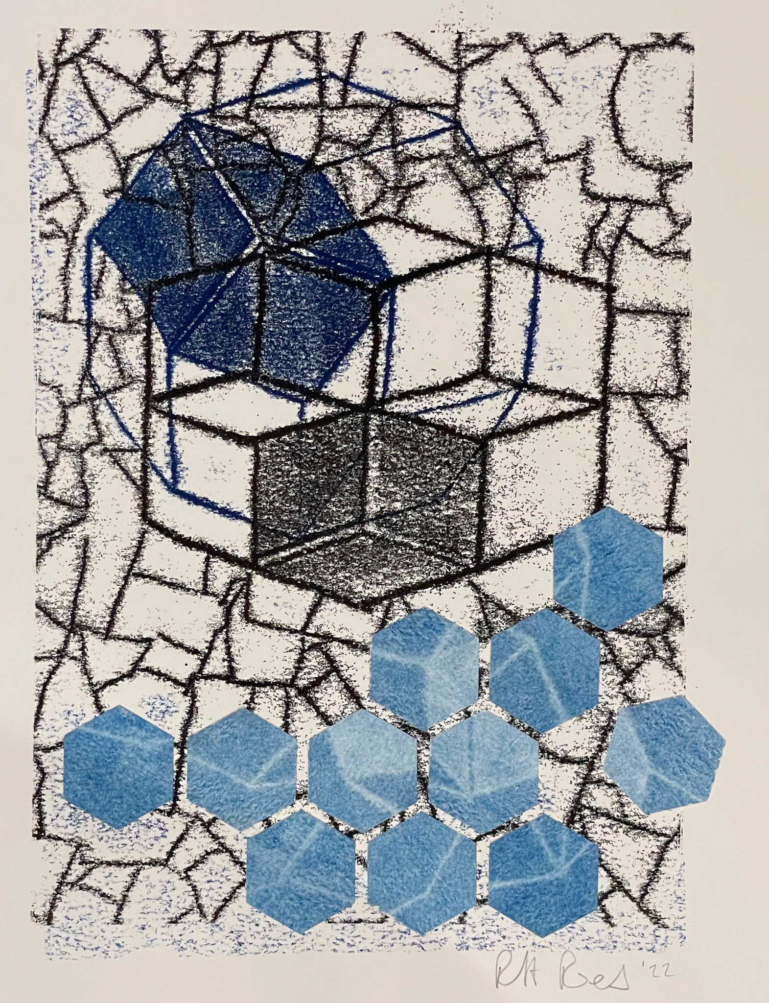 Two color trace monotype with collage