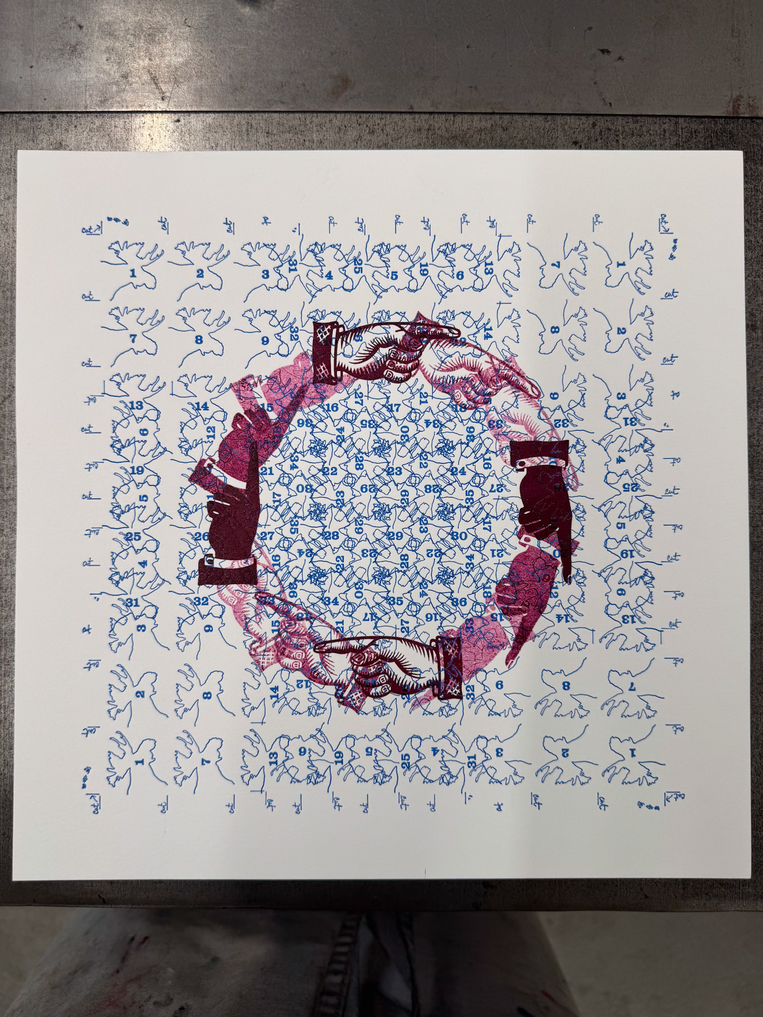 Moose mandala with manicures, waiting for final layer.