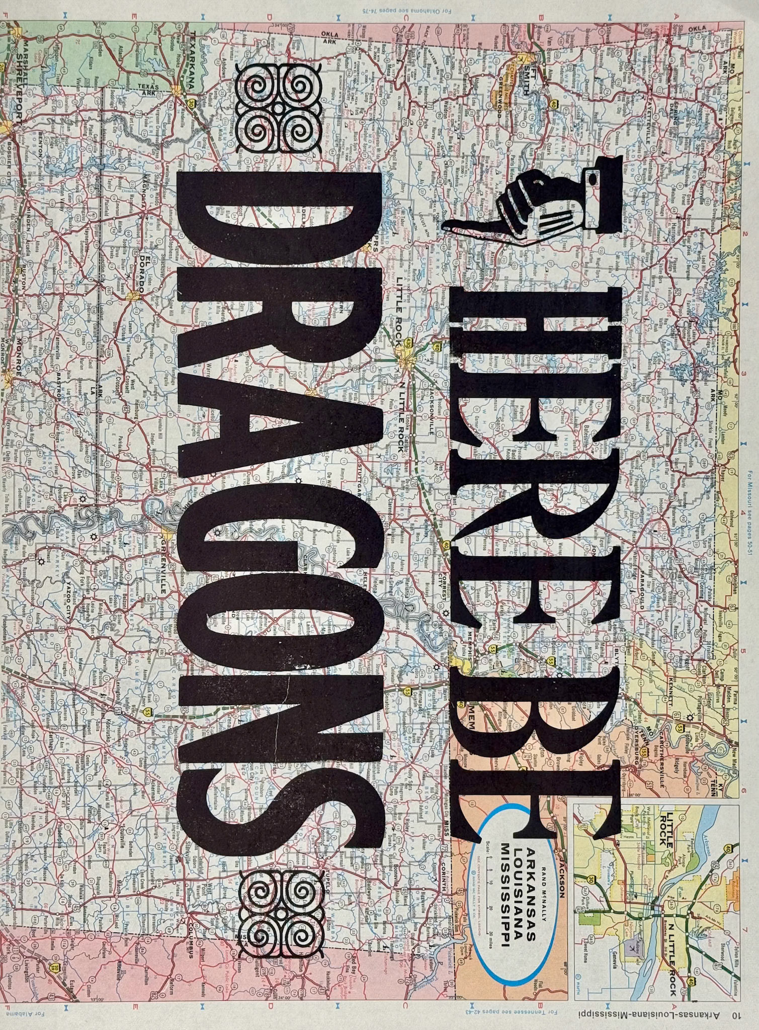 Here be dragons. Printed on a vintage recycled Rand McNally road atlas. 