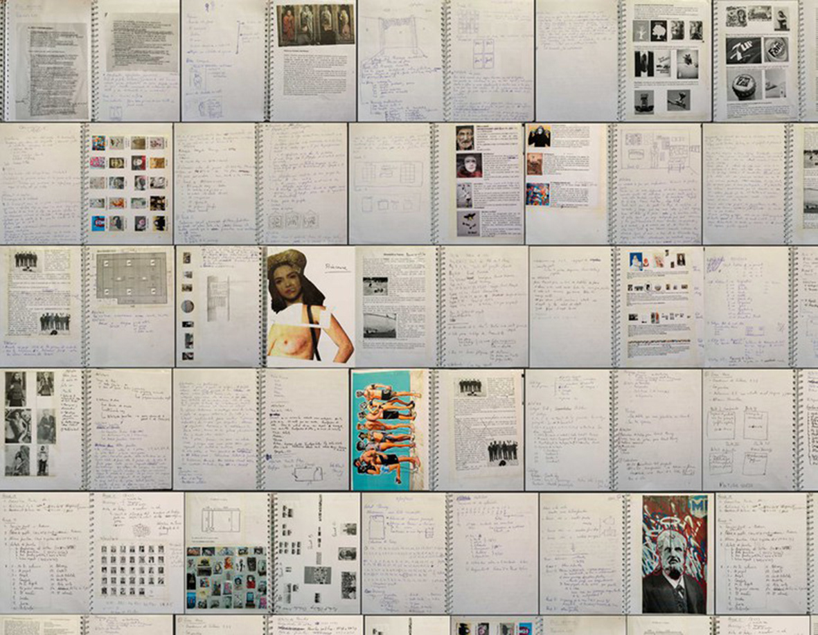 Nº 58. Título: Cuaderno de trabajo 1. Medidas: 200 x 155 cm. Técnica: Impresión digital. Instalación efímera a partir de las hojas del cuaderno de trabajo de base para esta instalación. Año 2017.