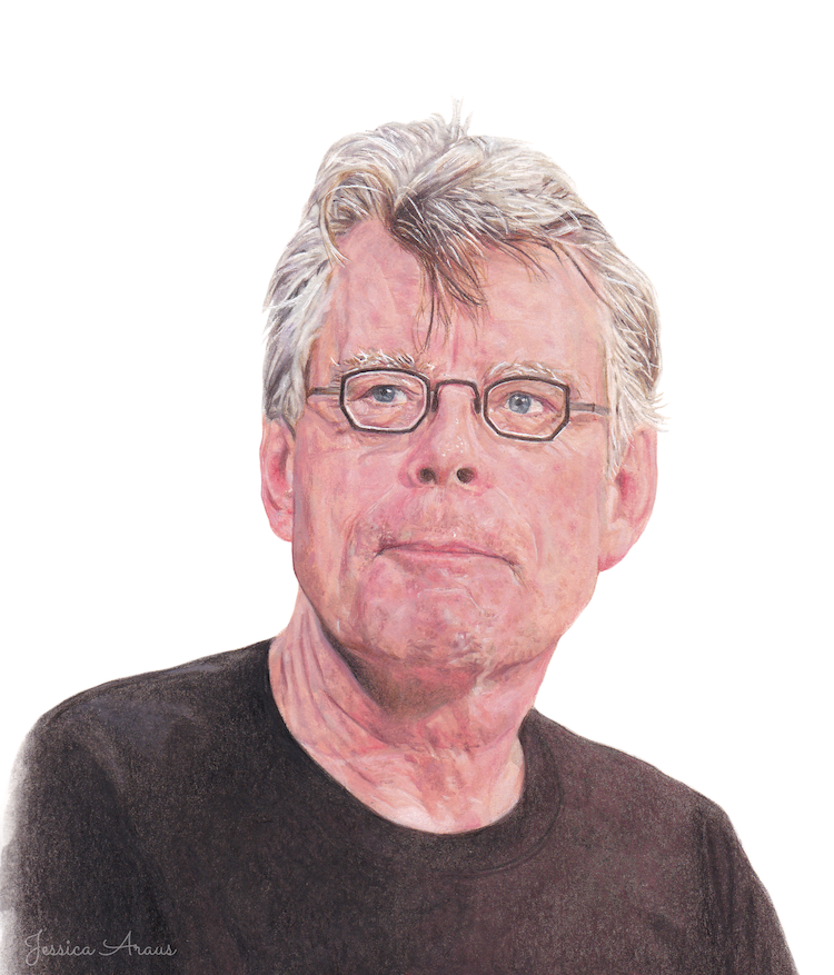 Illustration of Stephen King made with colored pencils.