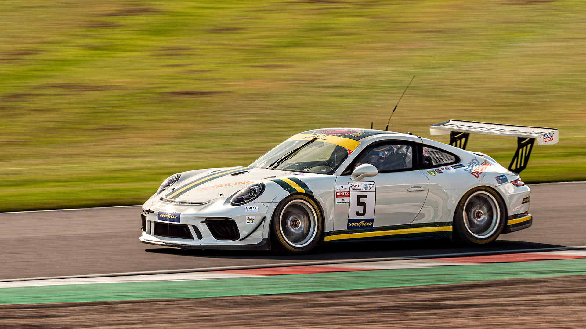Porsche 991.2 Cup driven by David Harrison and Nathan Luckey at Donington Park in August 2024.