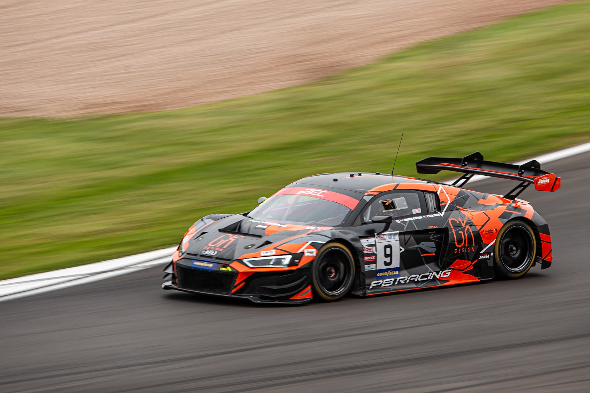 Audi GT3 driven by Peter Erceg, Marcus Clutton and Hugo Cook at the British Endurance Championship at Donington Park, August 2024.